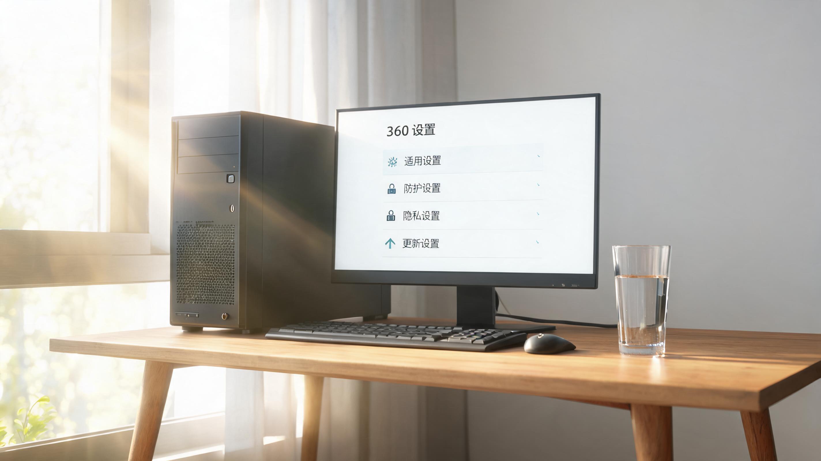 书桌上的主机，屏幕显示360设置界面，桌角放着水杯，自然光