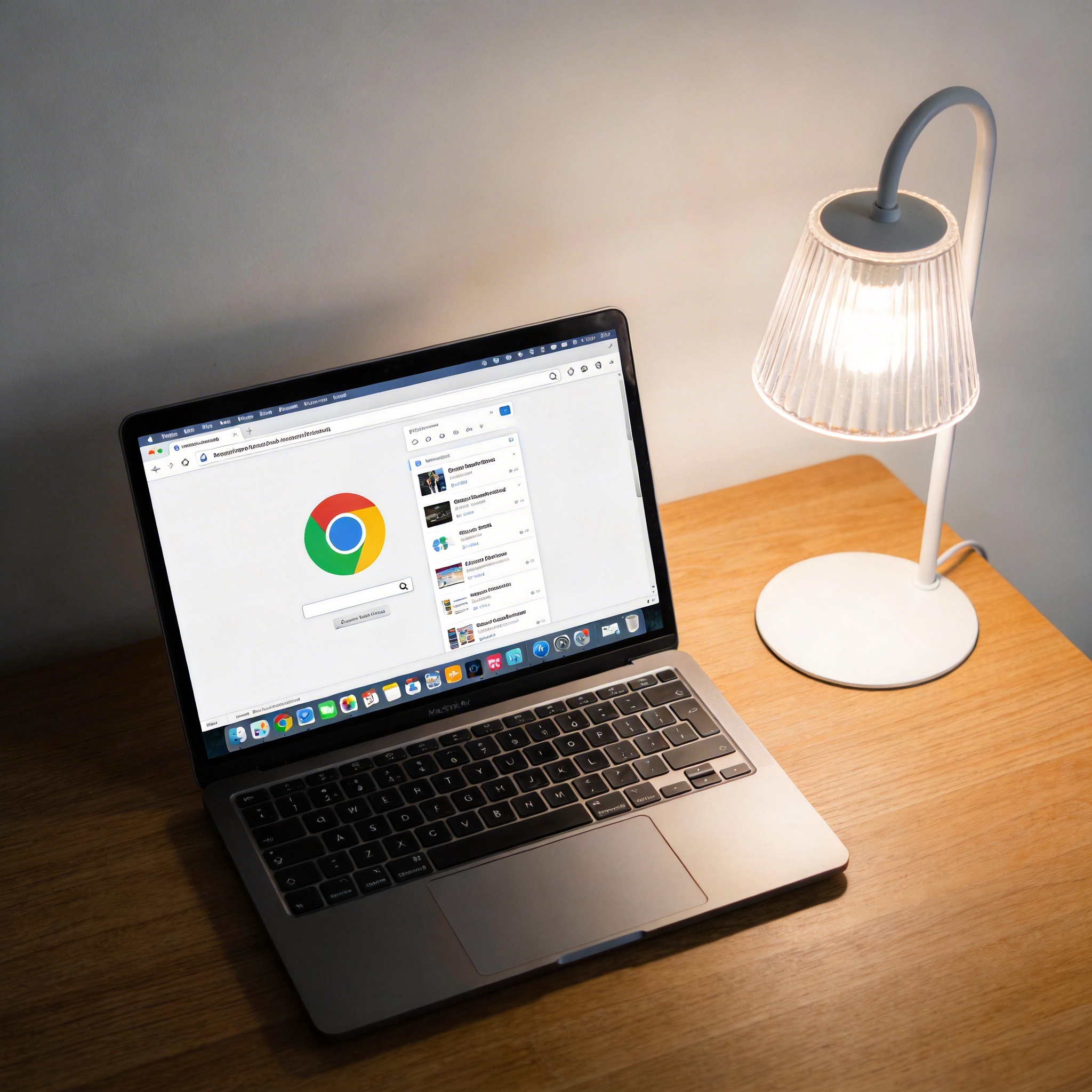 电脑桌上的电脑，屏幕显示Chrome界面，旁边放着台灯