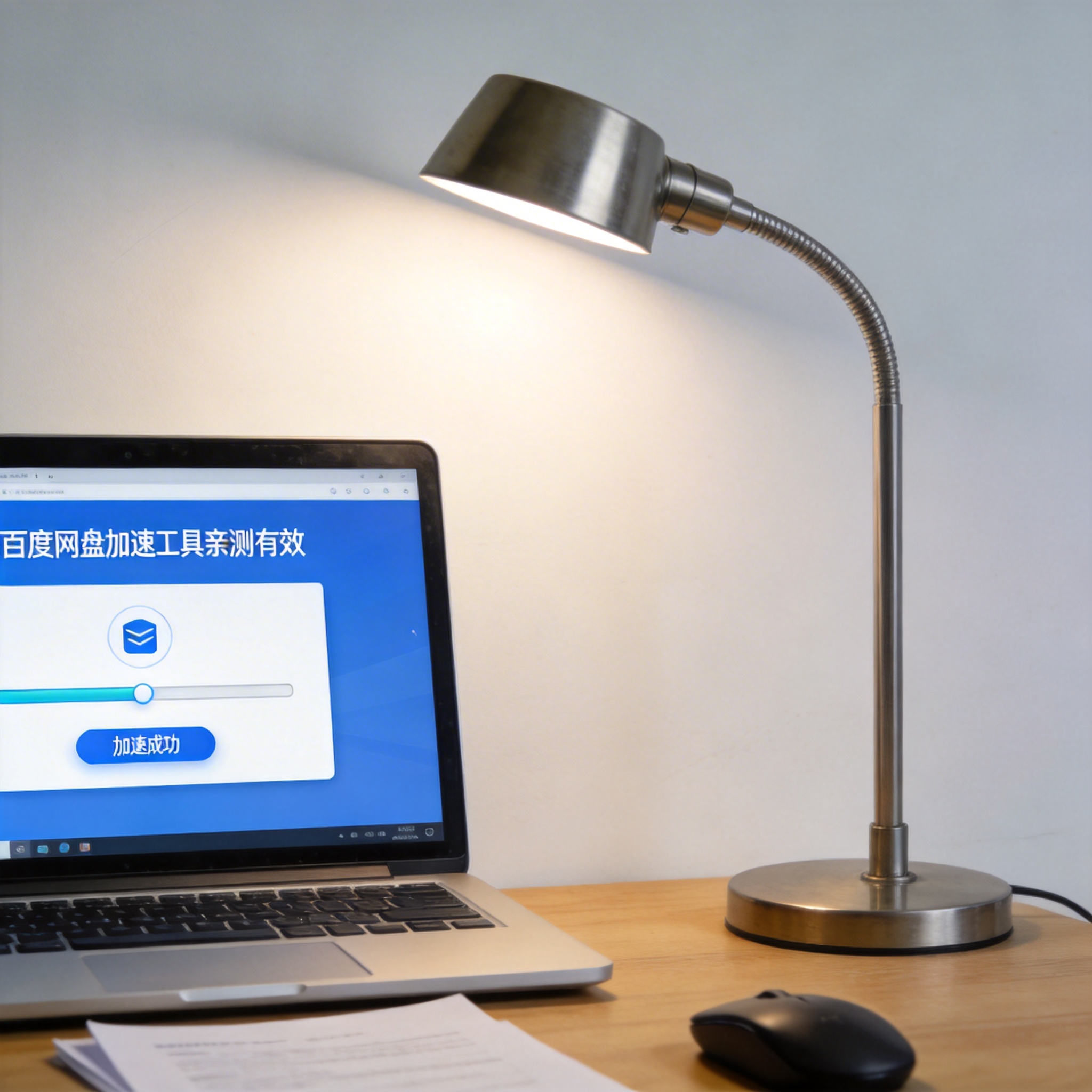 电脑桌上的电脑，屏幕显示百度网盘加速工具亲测有效界面，旁边放着台灯