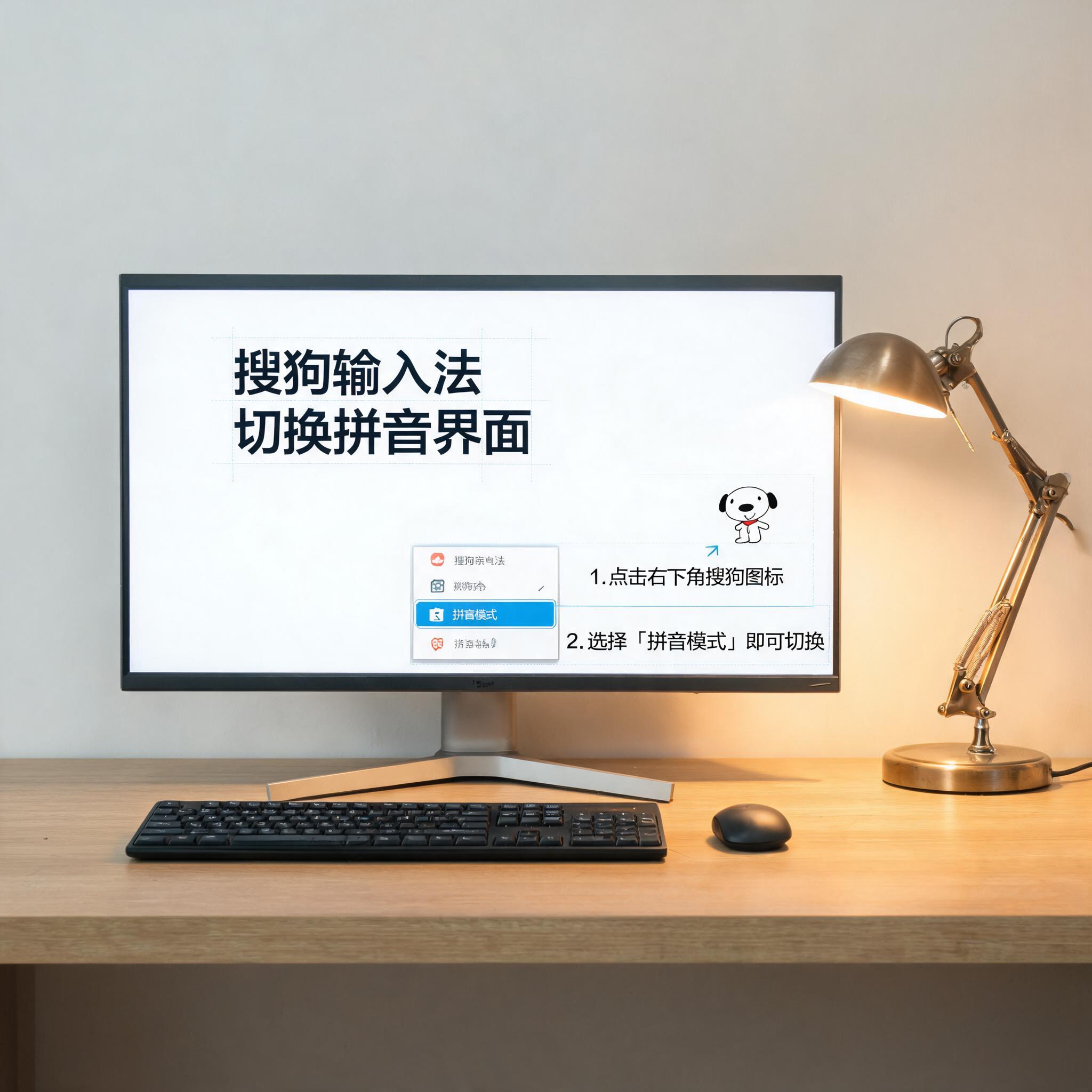 电脑桌上的电脑，屏幕显示搜狗输入法如何切换拼音界面，旁边放着台灯