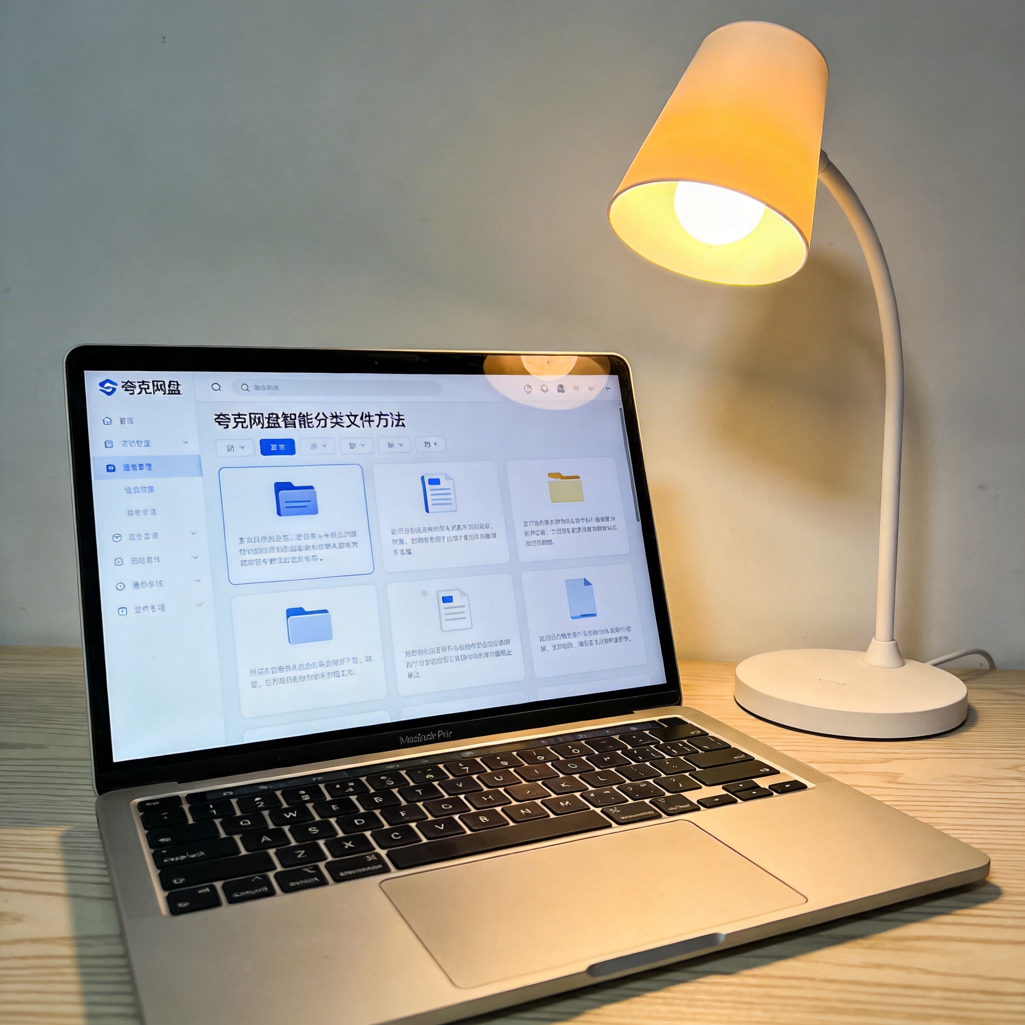 电脑桌上的电脑，屏幕显示夸克网盘智能分类文件方法界面，旁边放着台灯