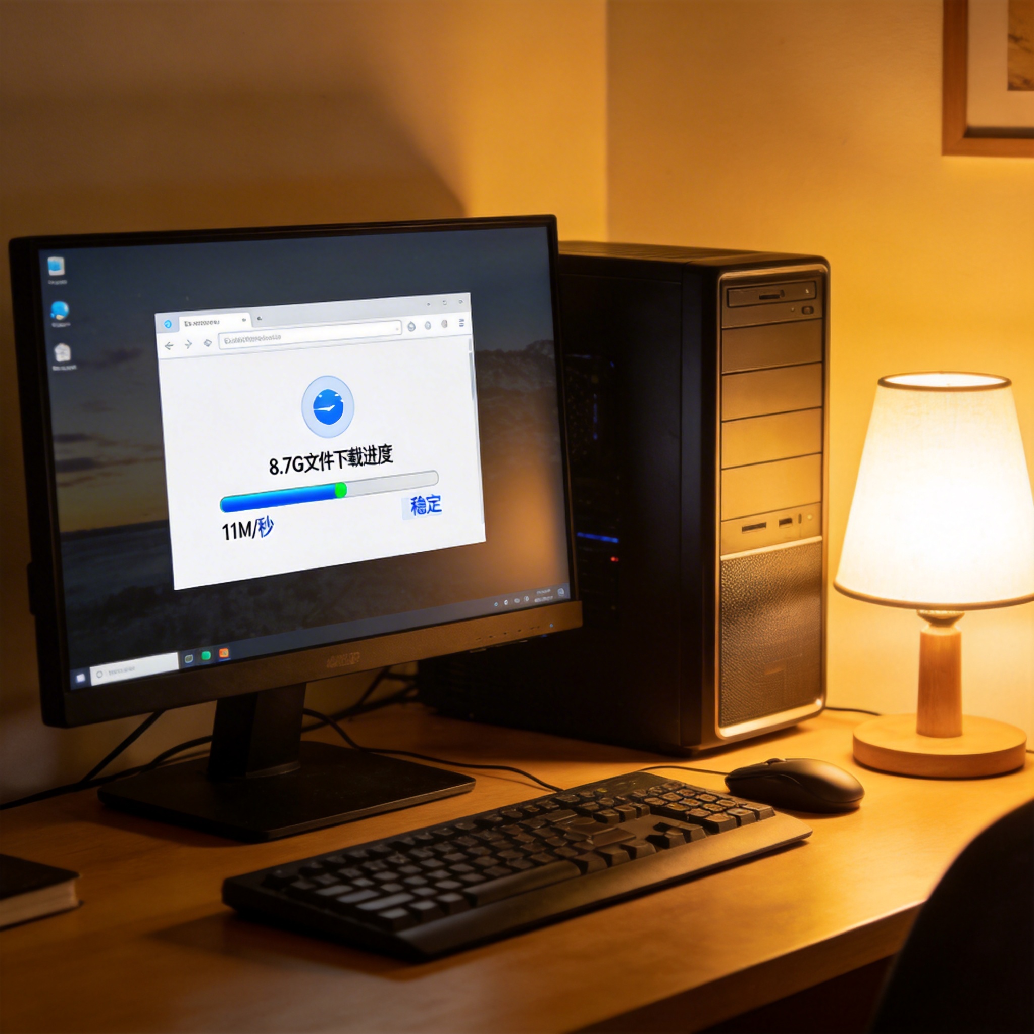 台式机电脑桌，屏幕显示浏览器下载界面，进度条显示8.7G文件下载进度，速度稳定在11M/秒，旁边摆着开着的台灯，暖光