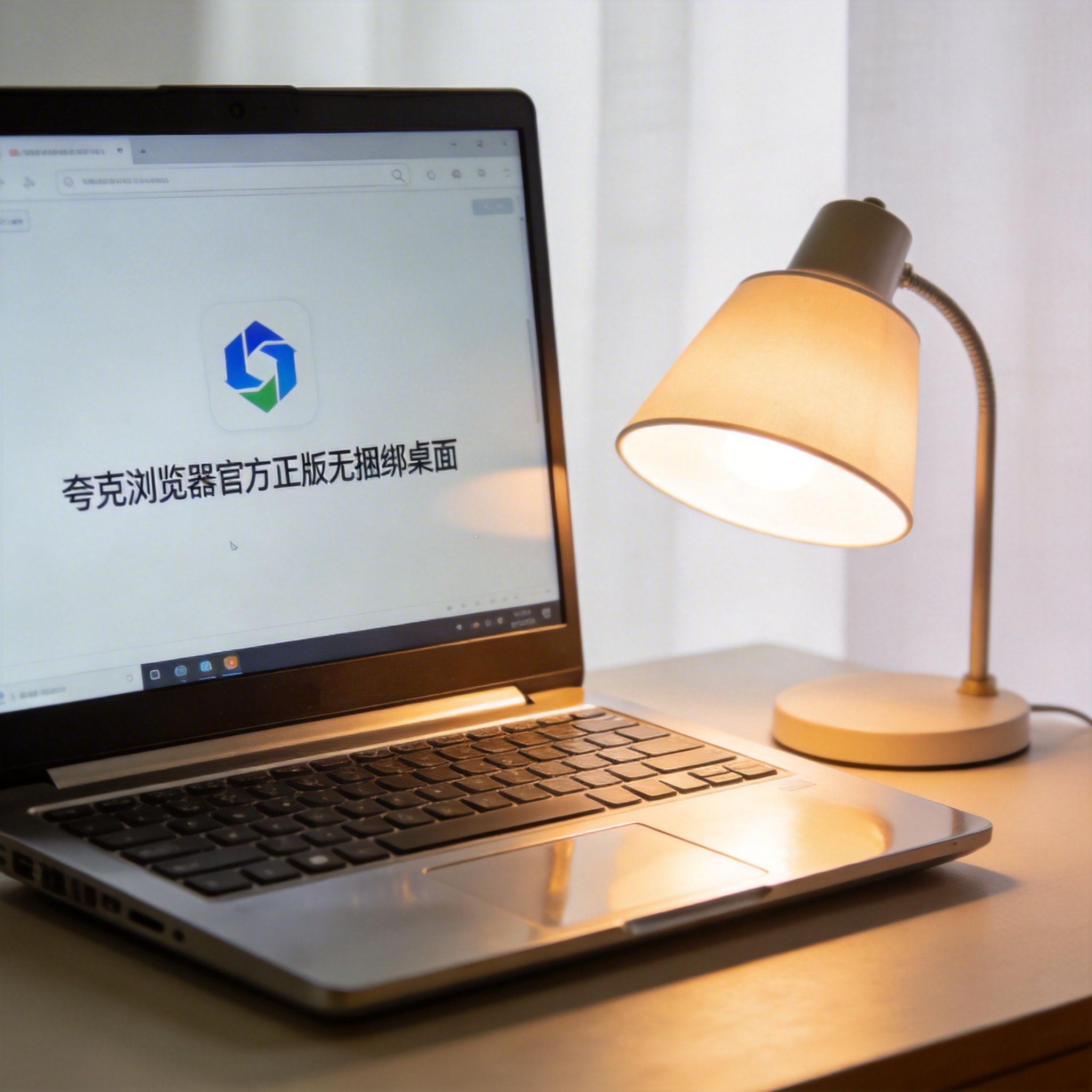 电脑桌上的电脑，屏幕显示夸克浏览器官方正版无捆绑桌面，旁边放着台灯