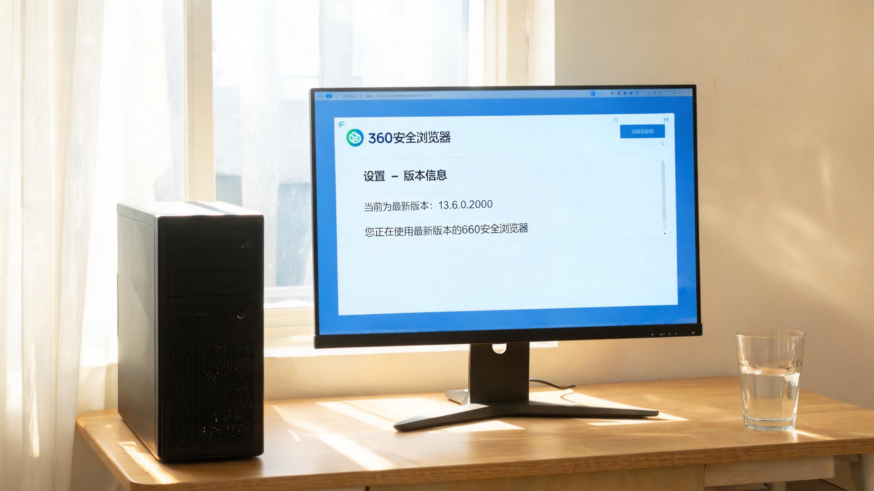 书桌上的主机，屏幕显示360 安全浏览器最新版本设置界面，桌角放着水杯，自然光