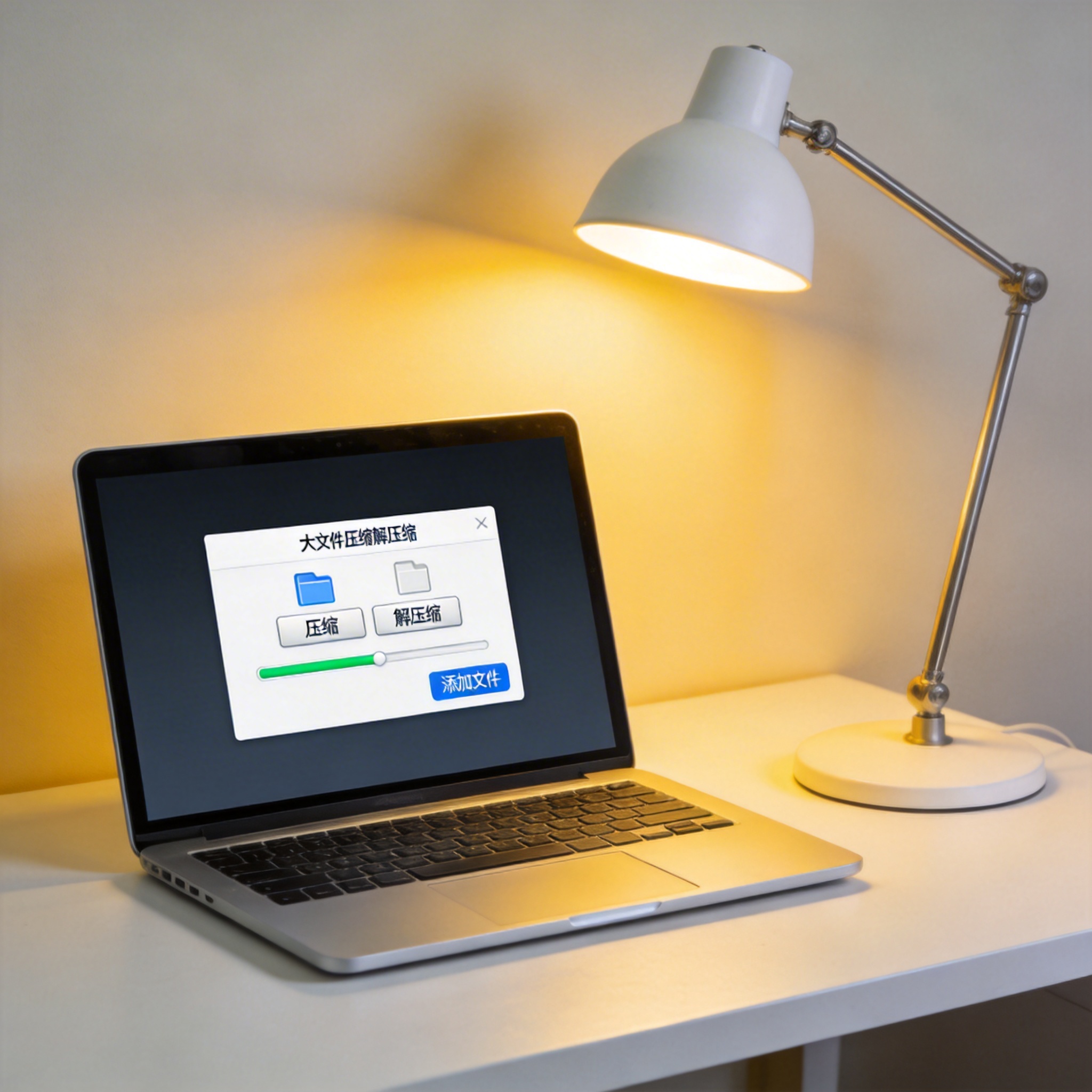 电脑桌上的电脑，屏幕显示大文件压缩解压缩工具界面，旁边放着台灯