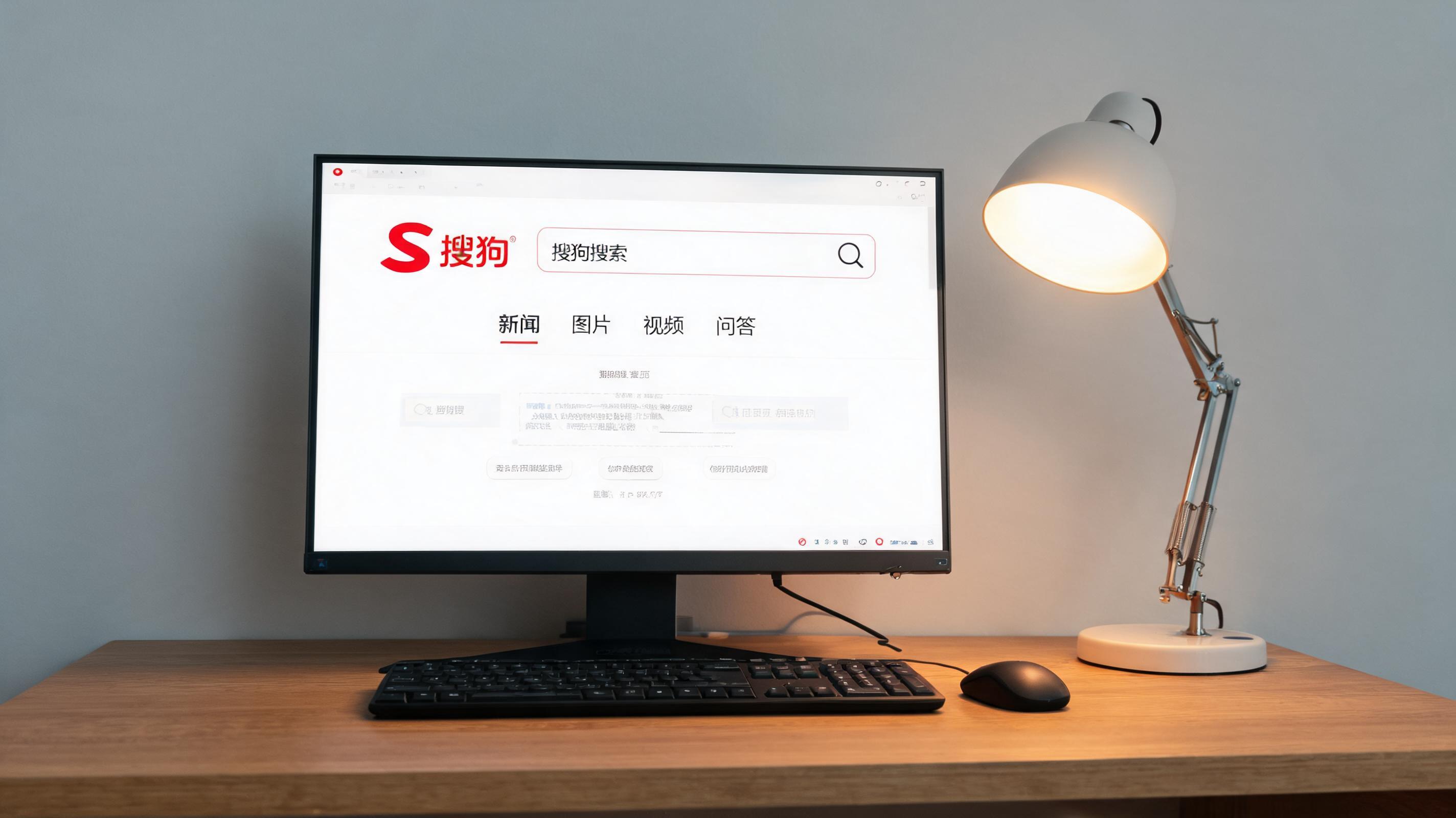 电脑桌上的电脑，屏幕显示搜狗界面，旁边放着台灯