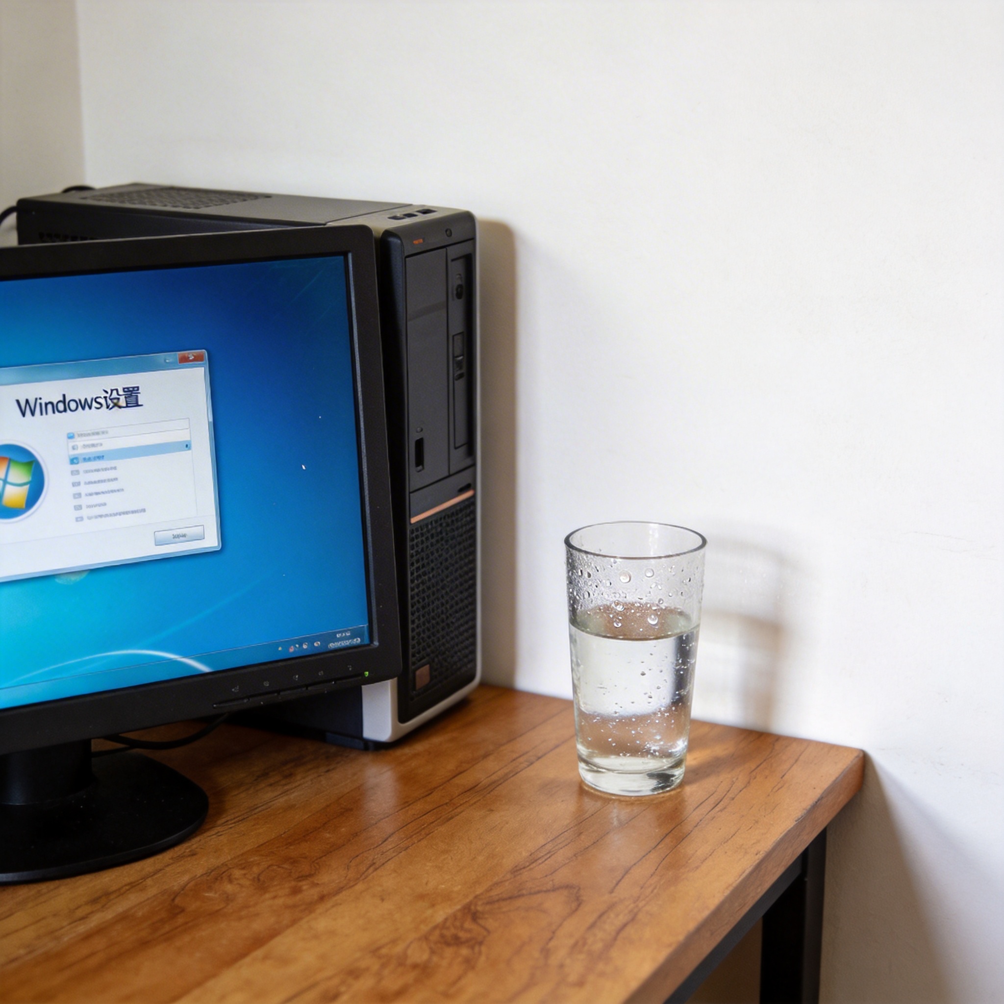 书桌上的主机，屏幕显示Windows设置界面，桌角放着水杯，自然光