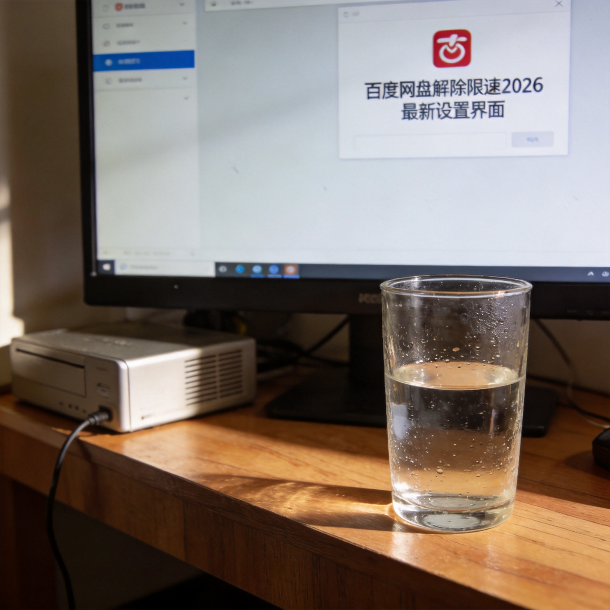 书桌上的主机，屏幕显示百度网盘解除限速 2026 最新设置界面，桌角放着水杯，自然光