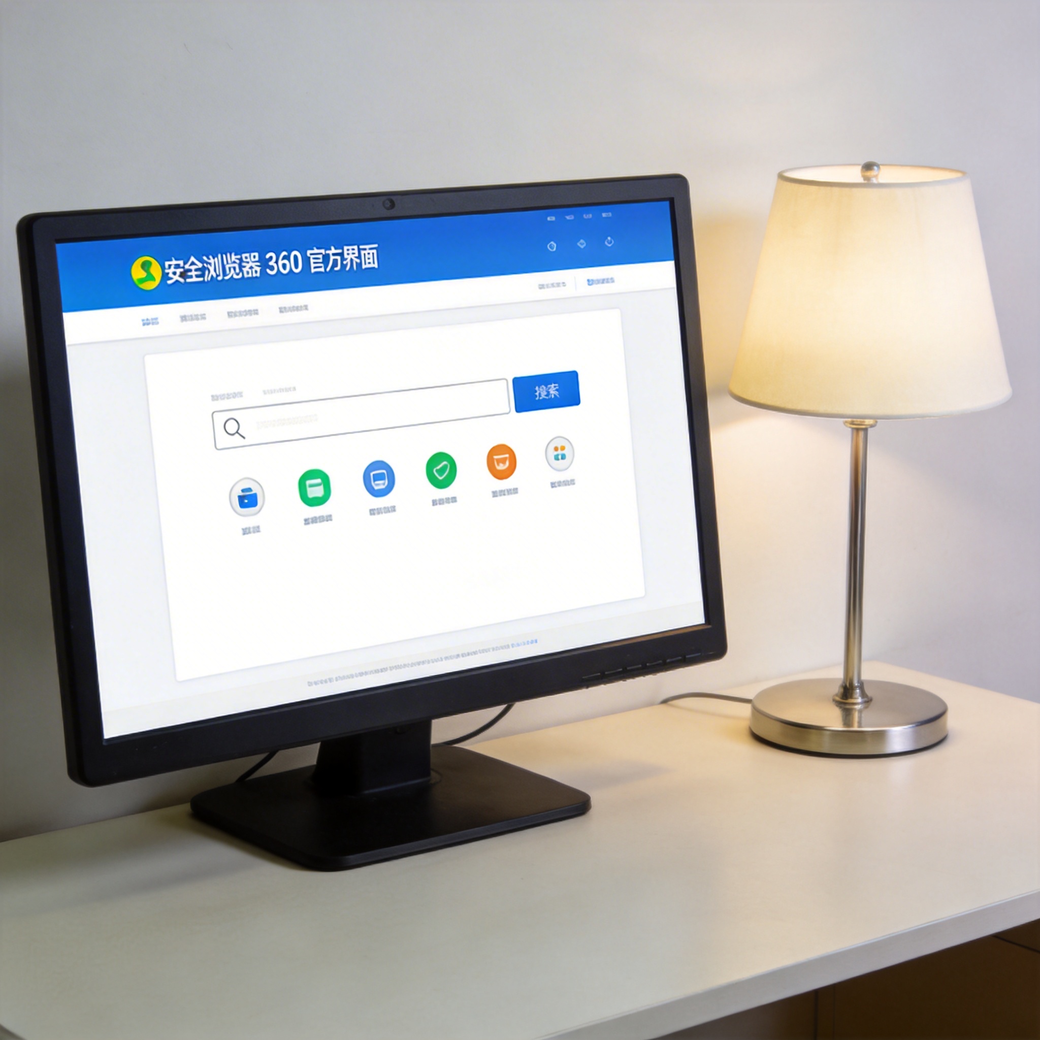 电脑桌上的电脑，屏幕显示安全浏览器 360 官方界面，旁边放着台灯