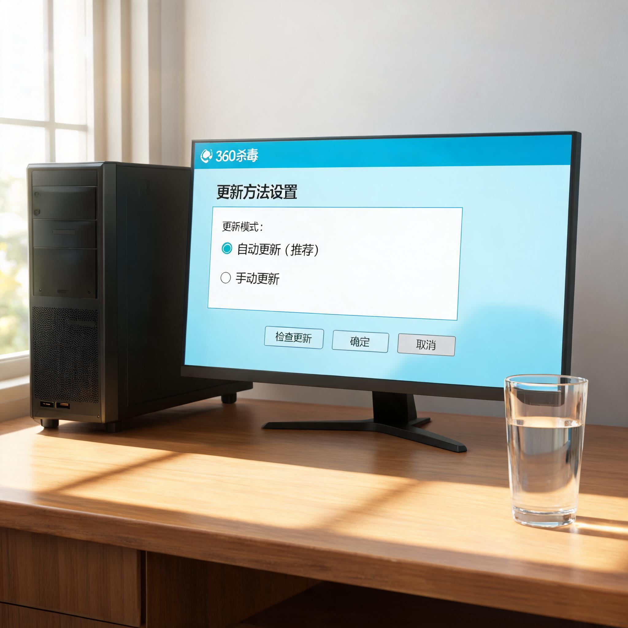 书桌上的主机，屏幕显示360 杀毒软件更新方法设置界面，桌角放着水杯，自然光