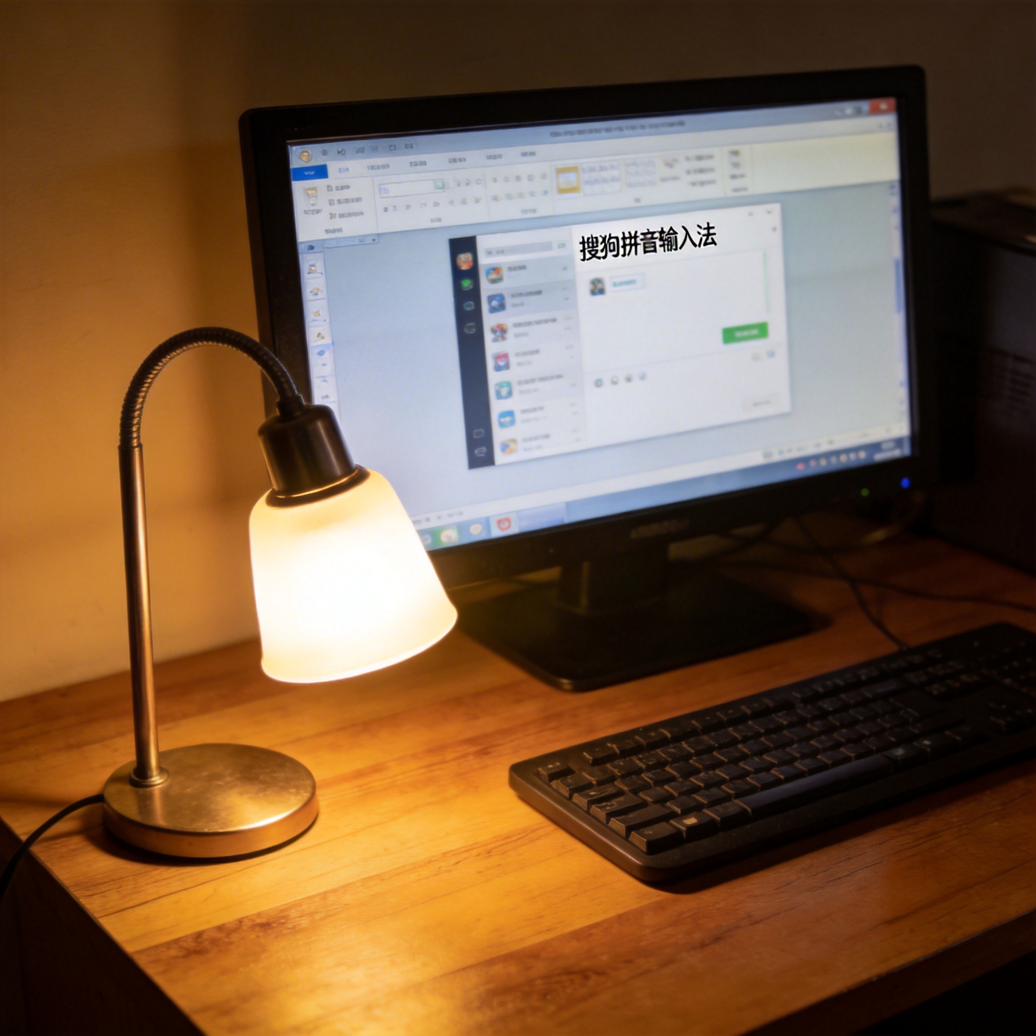 电脑桌上的电脑，屏幕显示搜狗拼音界面，旁边放着台灯