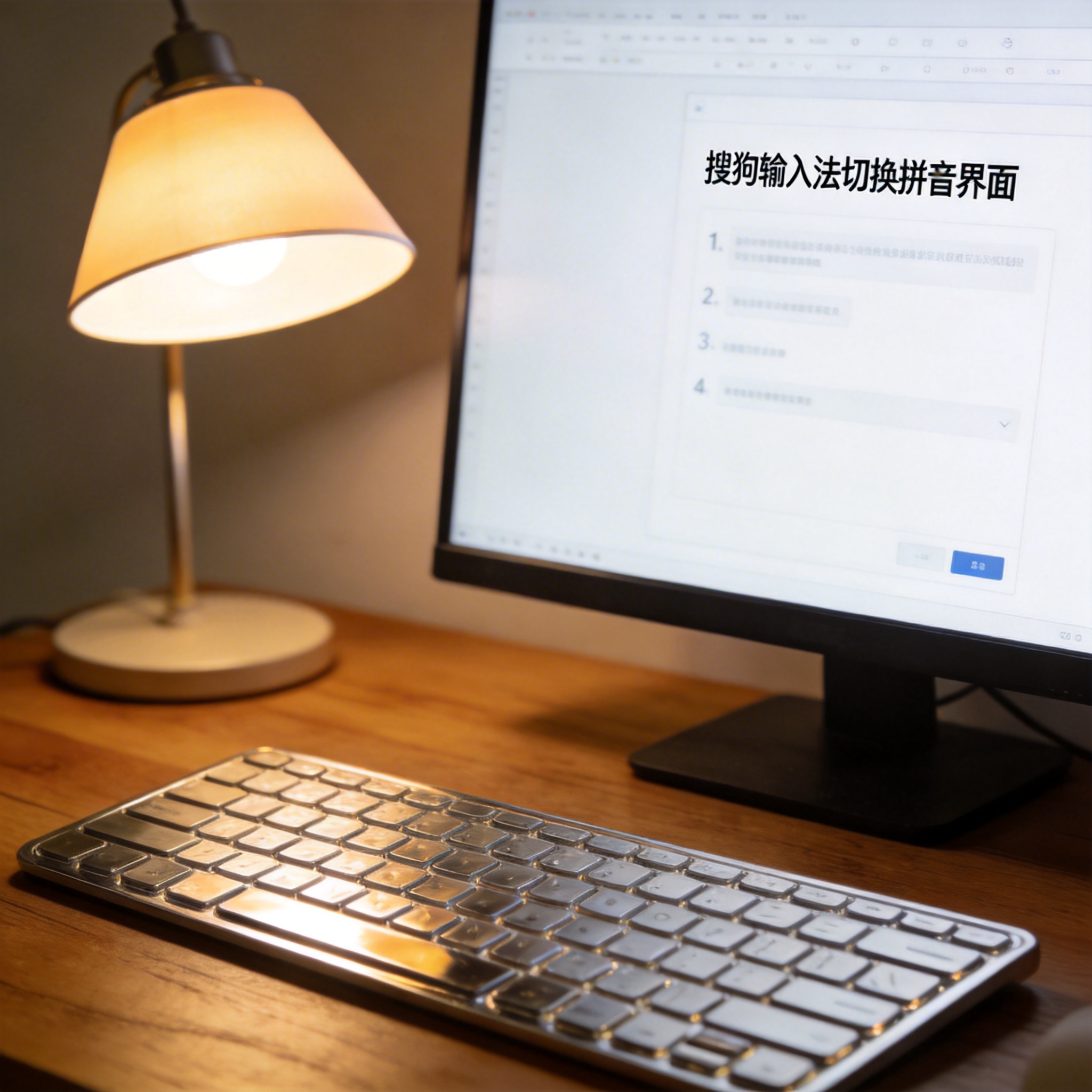 电脑桌上的键盘，屏幕显示搜狗输入法如何切换拼音界面，旁边放着台灯