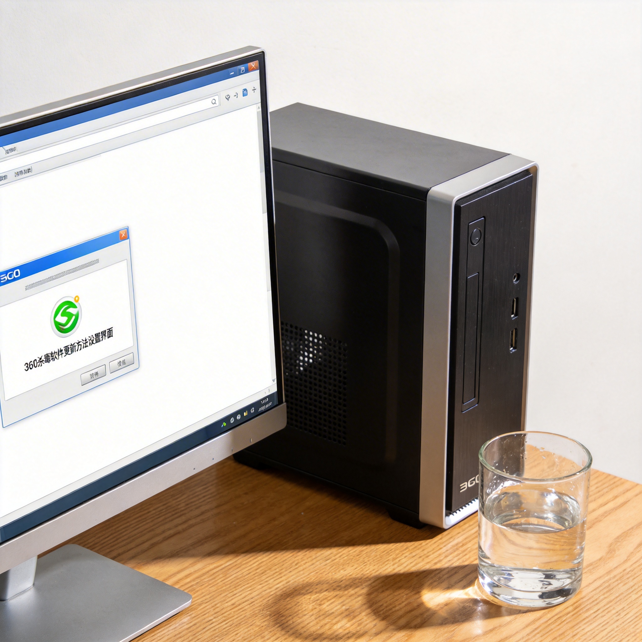 书桌上的主机，屏幕显示360 杀毒软件更新方法设置界面，桌角放着水杯，自然光