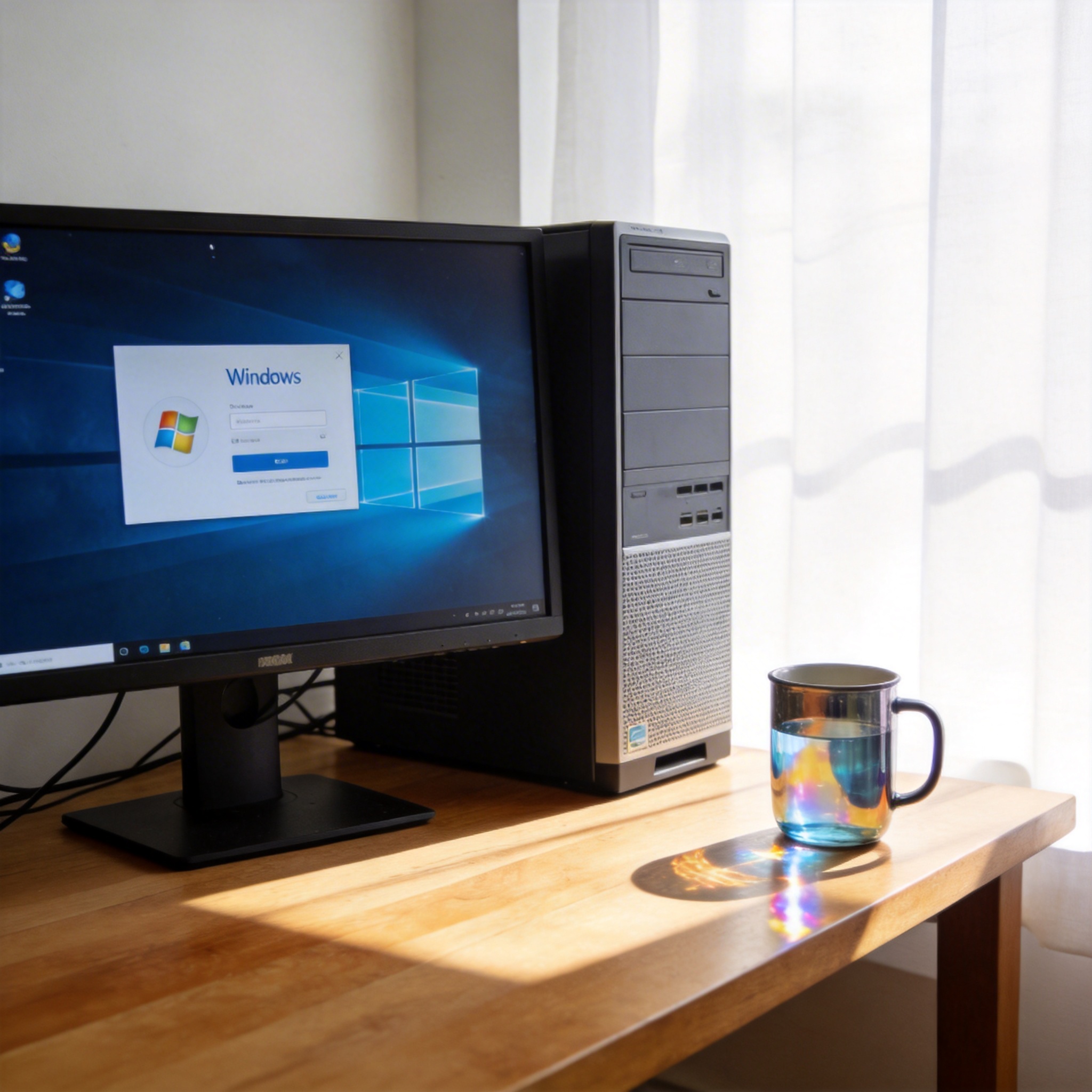 书桌上的主机，屏幕显示Windows设置界面，桌角放着水杯，自然光