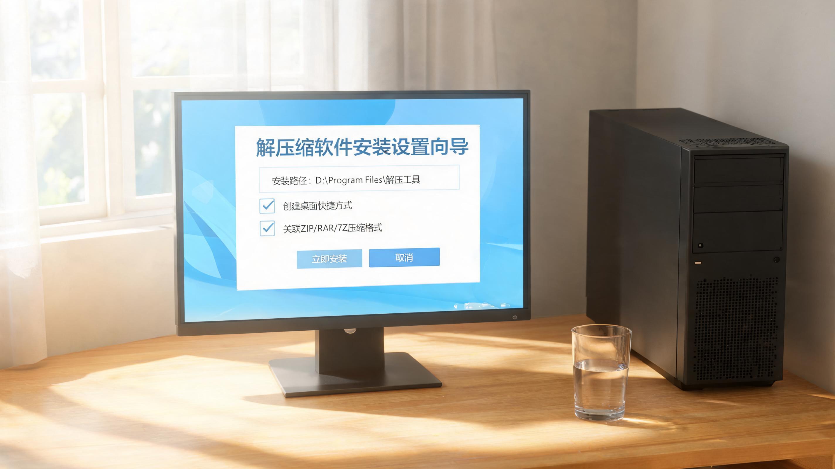 书桌上的主机，屏幕显示解压缩软件怎么安装使用设置界面，桌角放着水杯，自然光