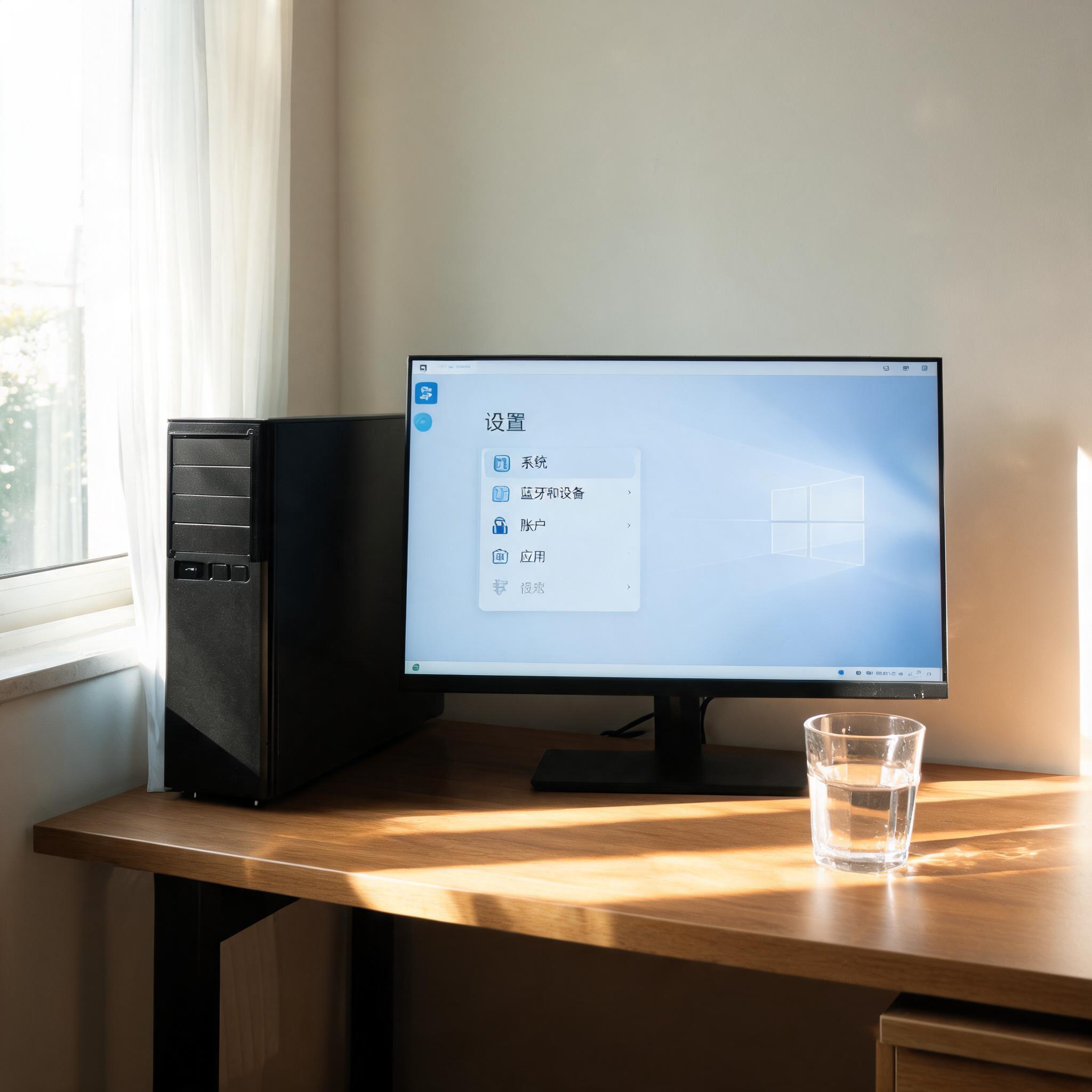 书桌上的主机，屏幕显示Windows设置界面，桌角放着水杯，自然光