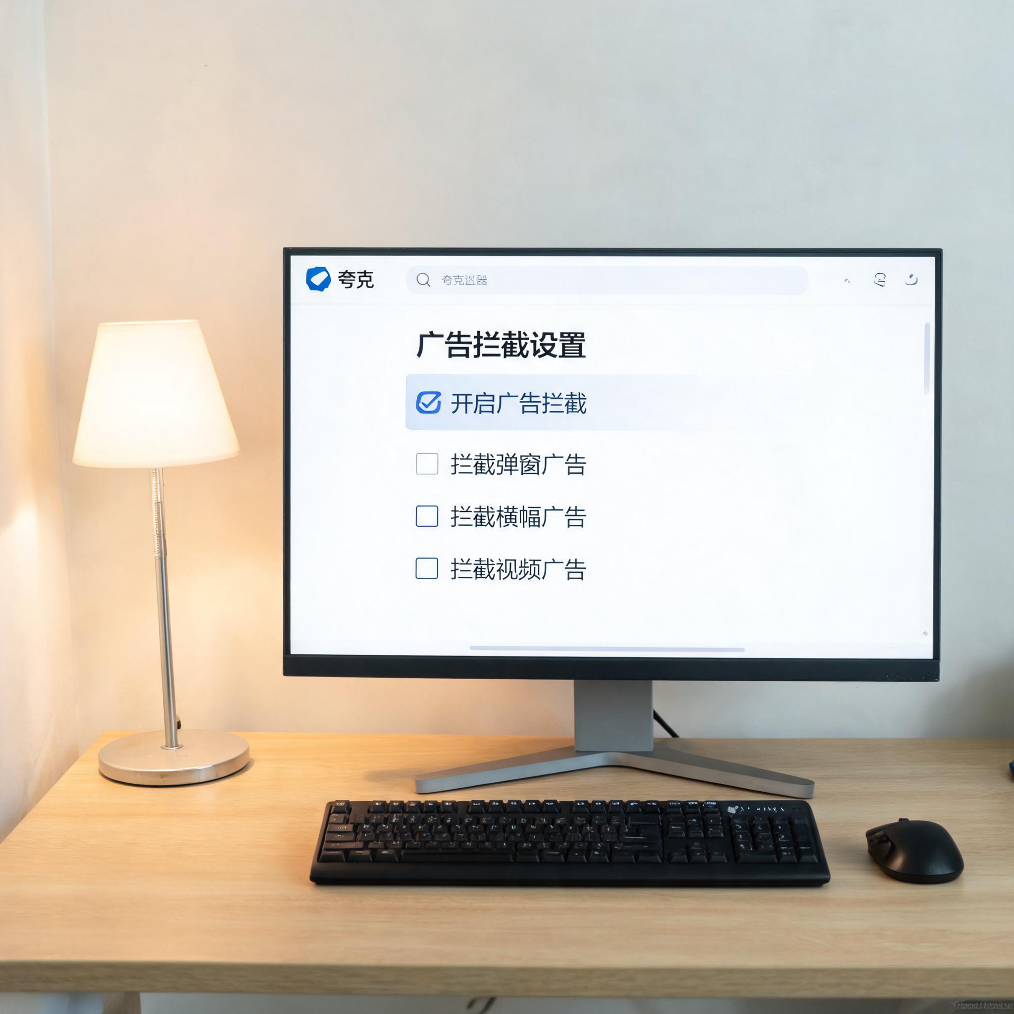 电脑桌上的电脑，屏幕显示夸克浏览器广告拦截设置界面，旁边放着台灯
