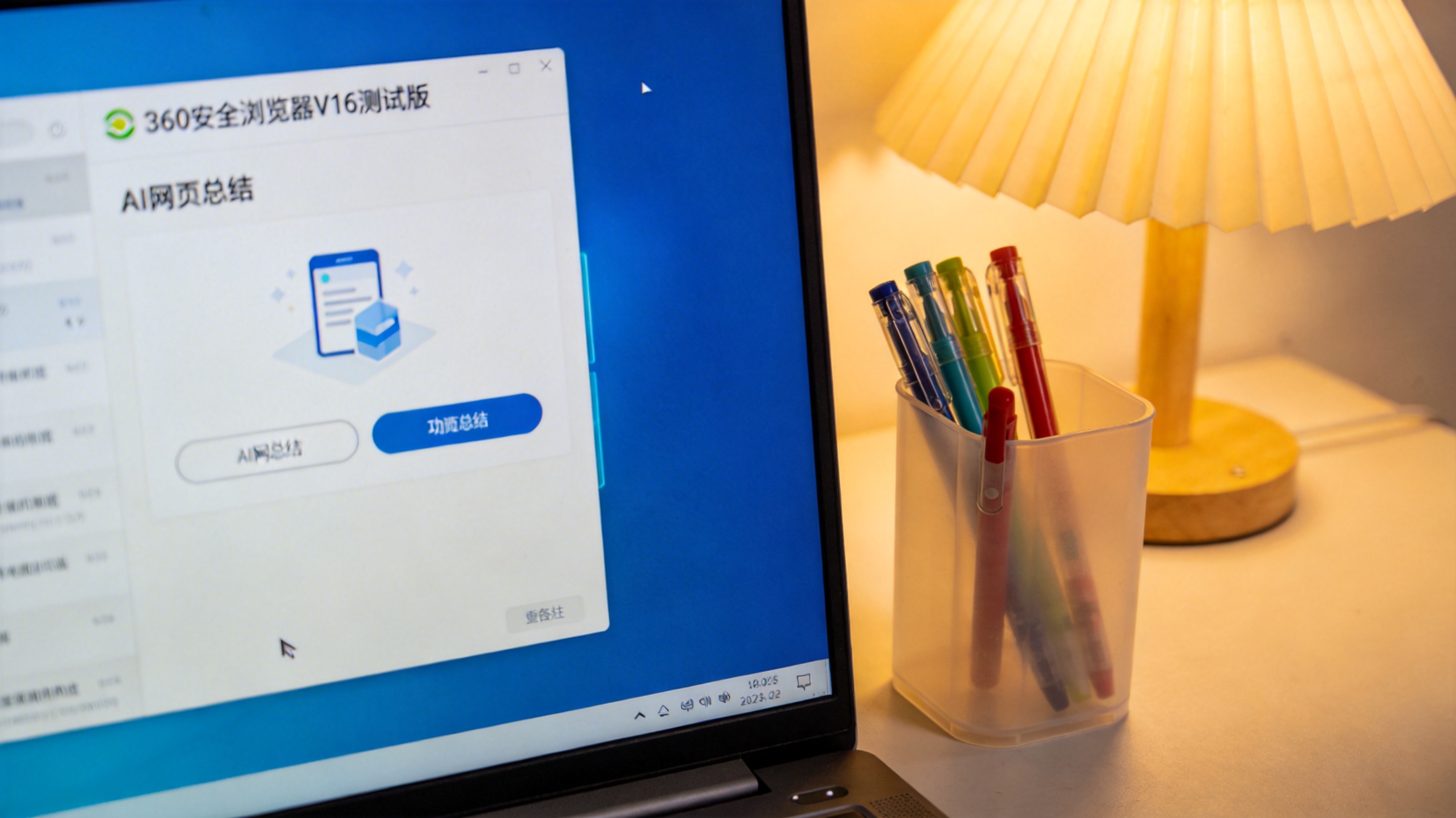 电脑屏幕显示360安全浏览器V16测试版的AI网页总结功能界面，桌面角落有个塑料笔筒，台灯暖光