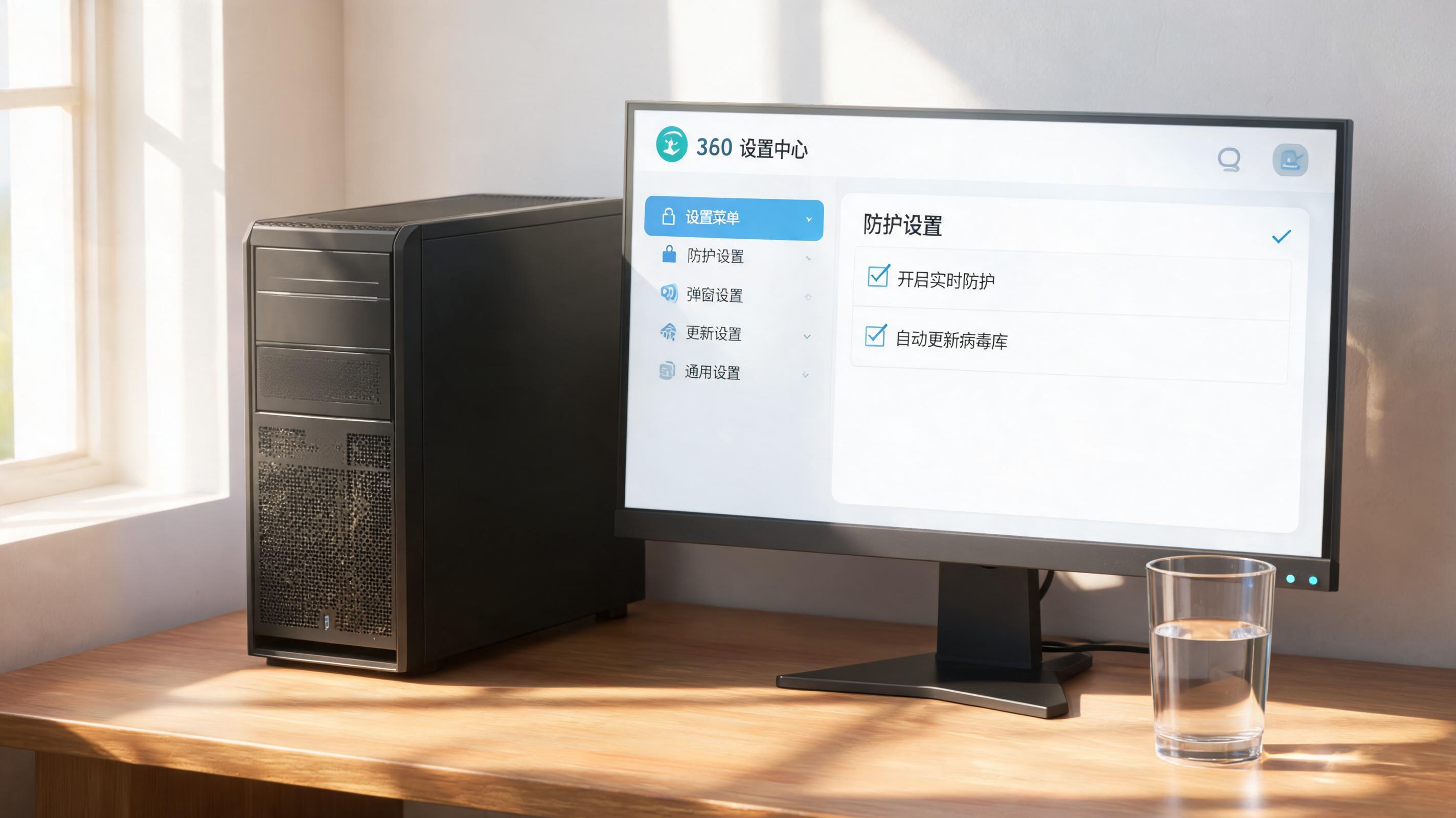 书桌上的主机，屏幕显示360设置界面，桌角放着水杯，自然光
