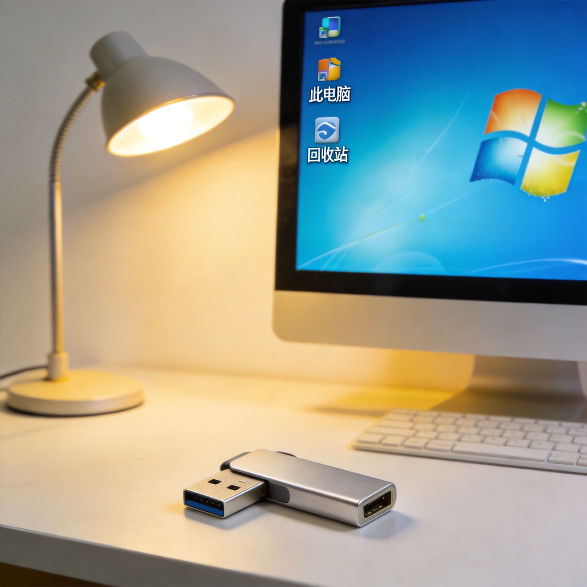 电脑桌上的U盘，屏幕显示Windows界面，旁边放着台灯