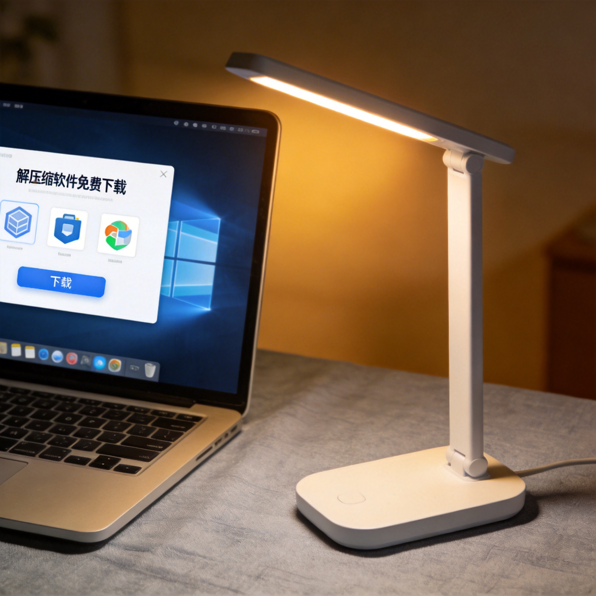 电脑桌上的电脑，屏幕显示解压缩软件免费下载界面，旁边放着台灯