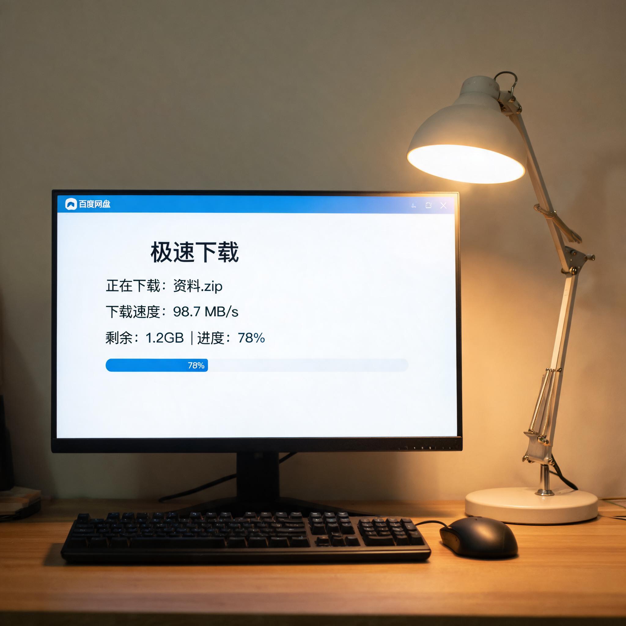电脑桌上的电脑，屏幕显示百度网盘极速下载真实速度界面，旁边放着台灯