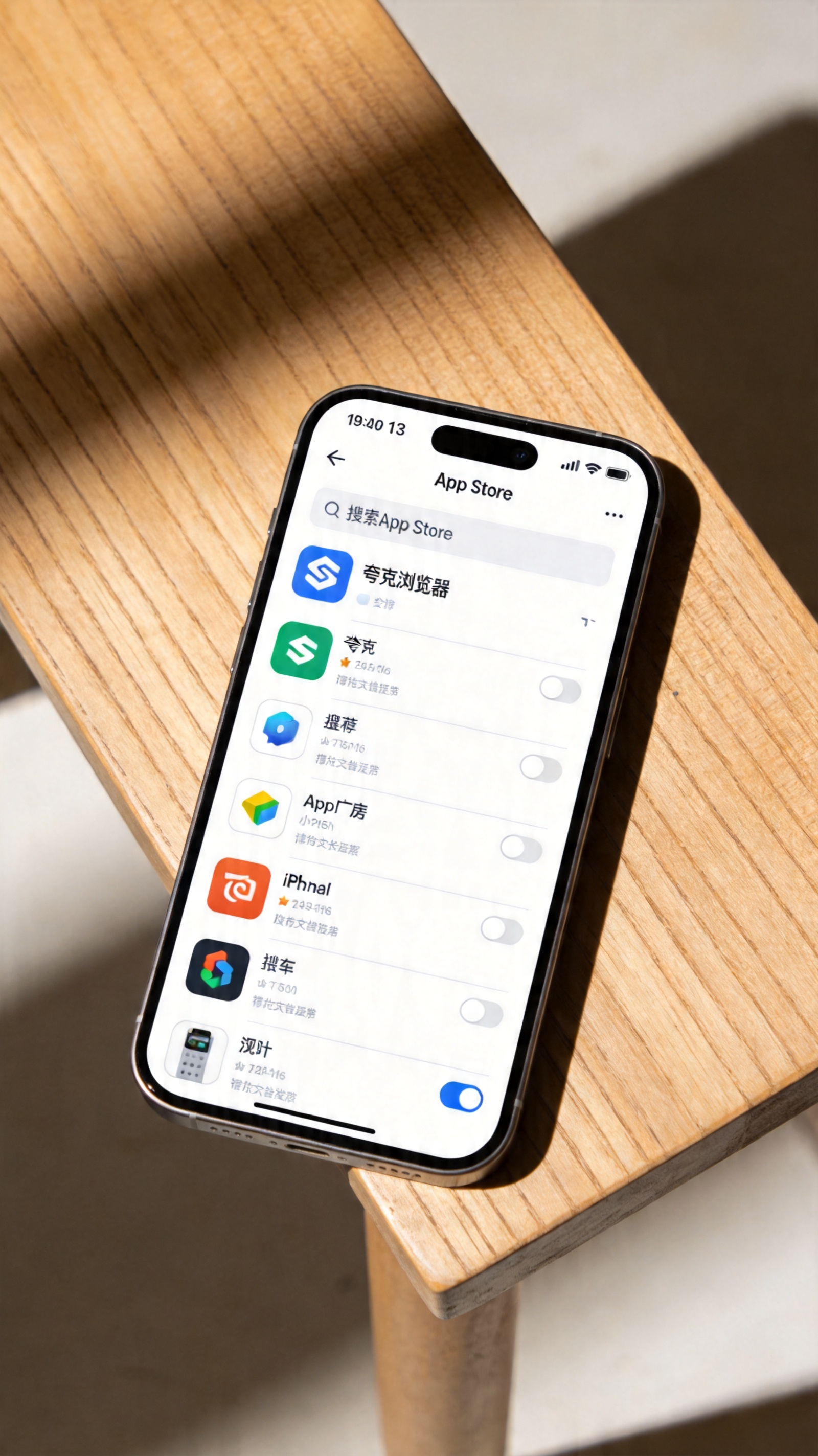 桌面放着iPhone13，屏幕显示App Store搜索“夸克浏览器”的界面，室内自然光