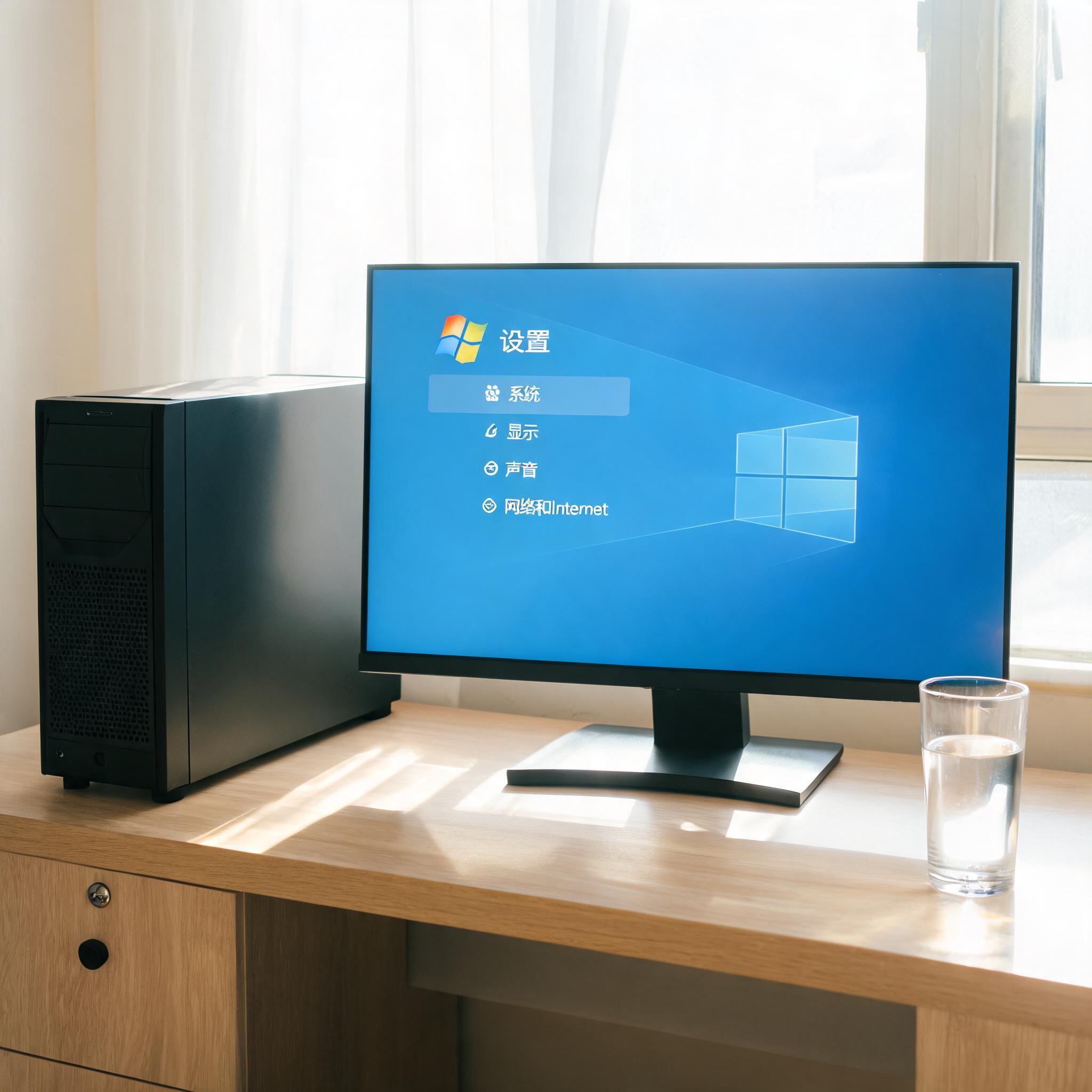 书桌上的主机，屏幕显示Windows设置界面，桌角放着水杯，自然光
