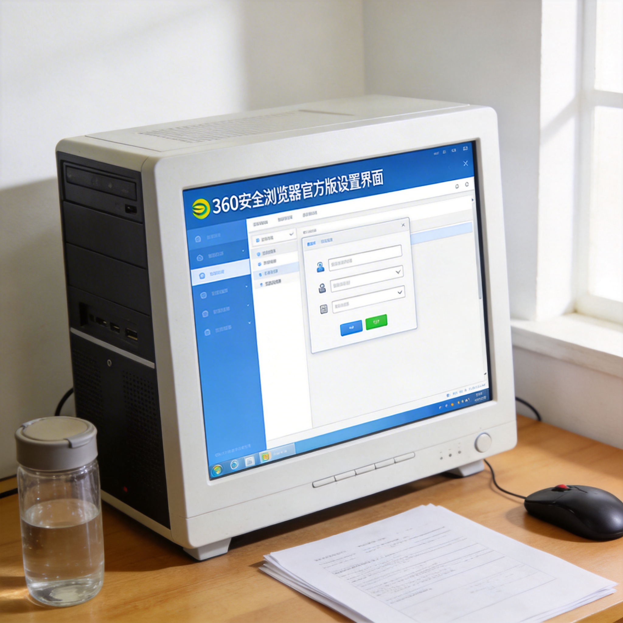 书桌上的主机，屏幕显示360 安全浏览器官方版设置界面，桌角放着水杯，自然光