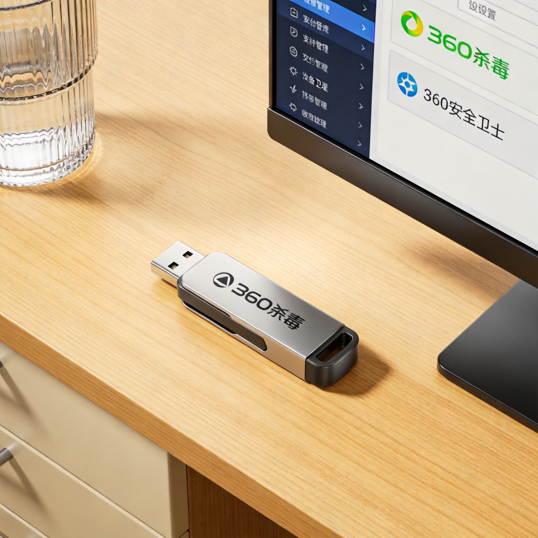 书桌上的U盘，屏幕显示360 杀毒和 360 安全卫士区别设置界面，桌角放着水杯，自然光