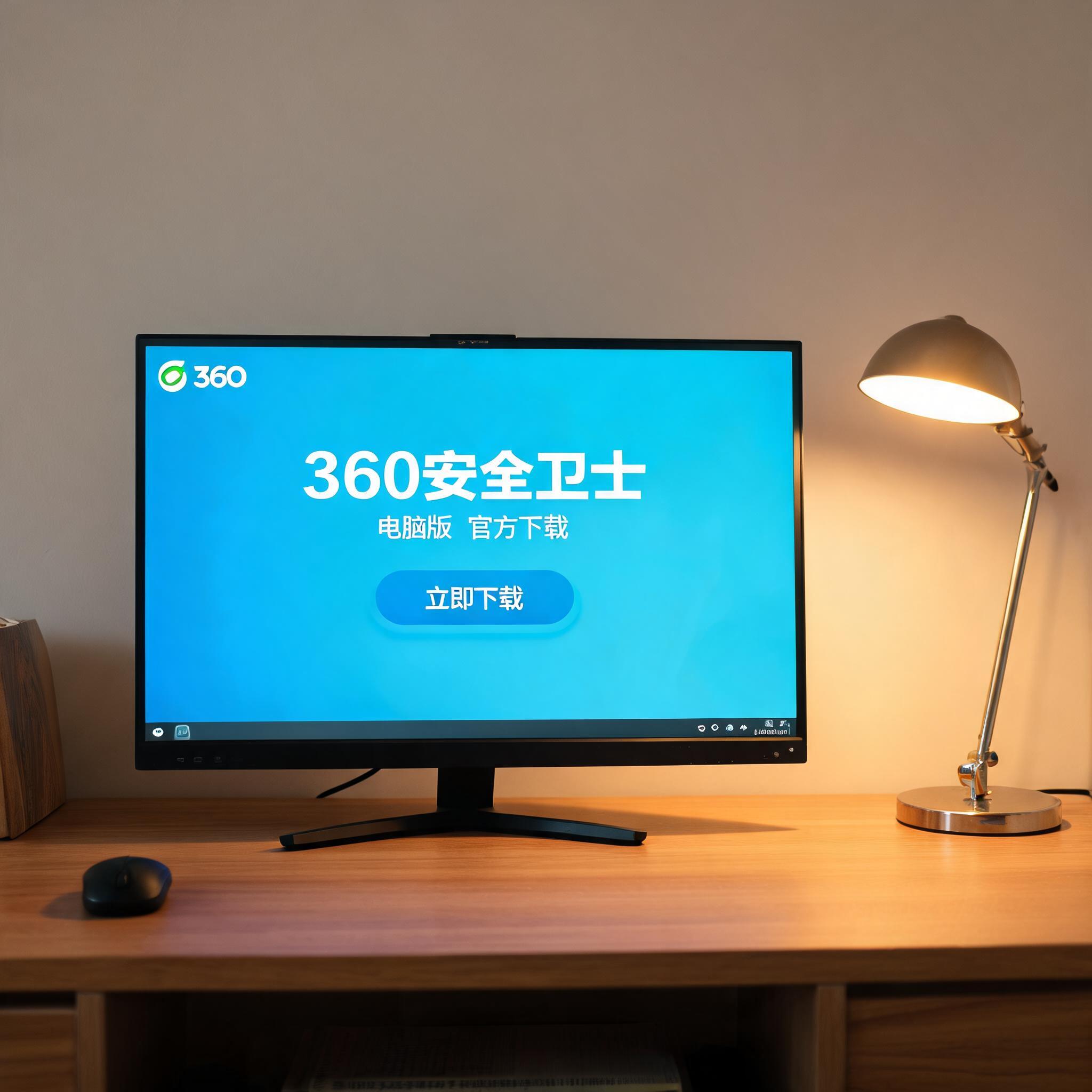电脑桌上的电脑，屏幕显示360 安全卫士电脑版下载界面，旁边放着台灯