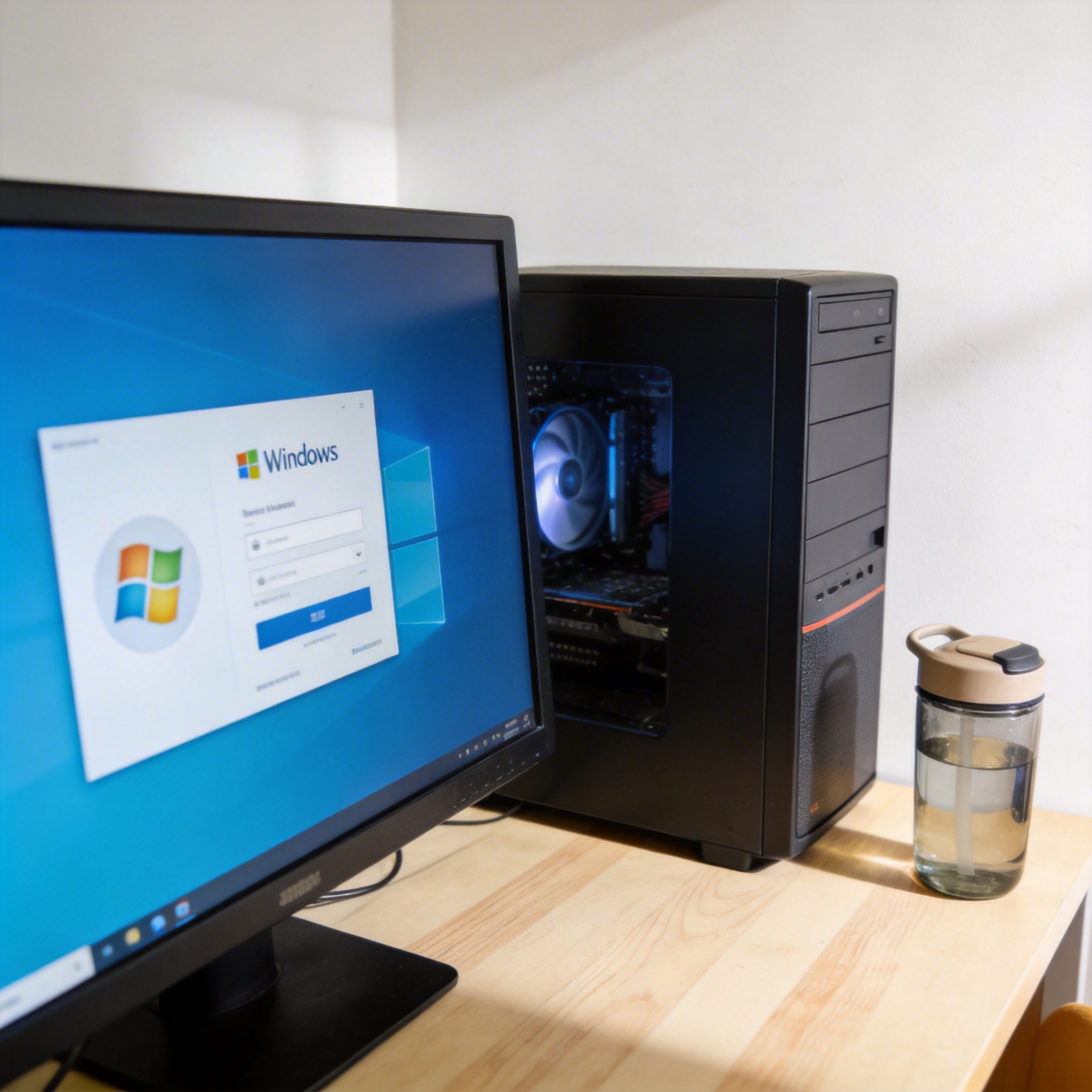书桌上的主机，屏幕显示Windows设置界面，桌角放着水杯，自然光