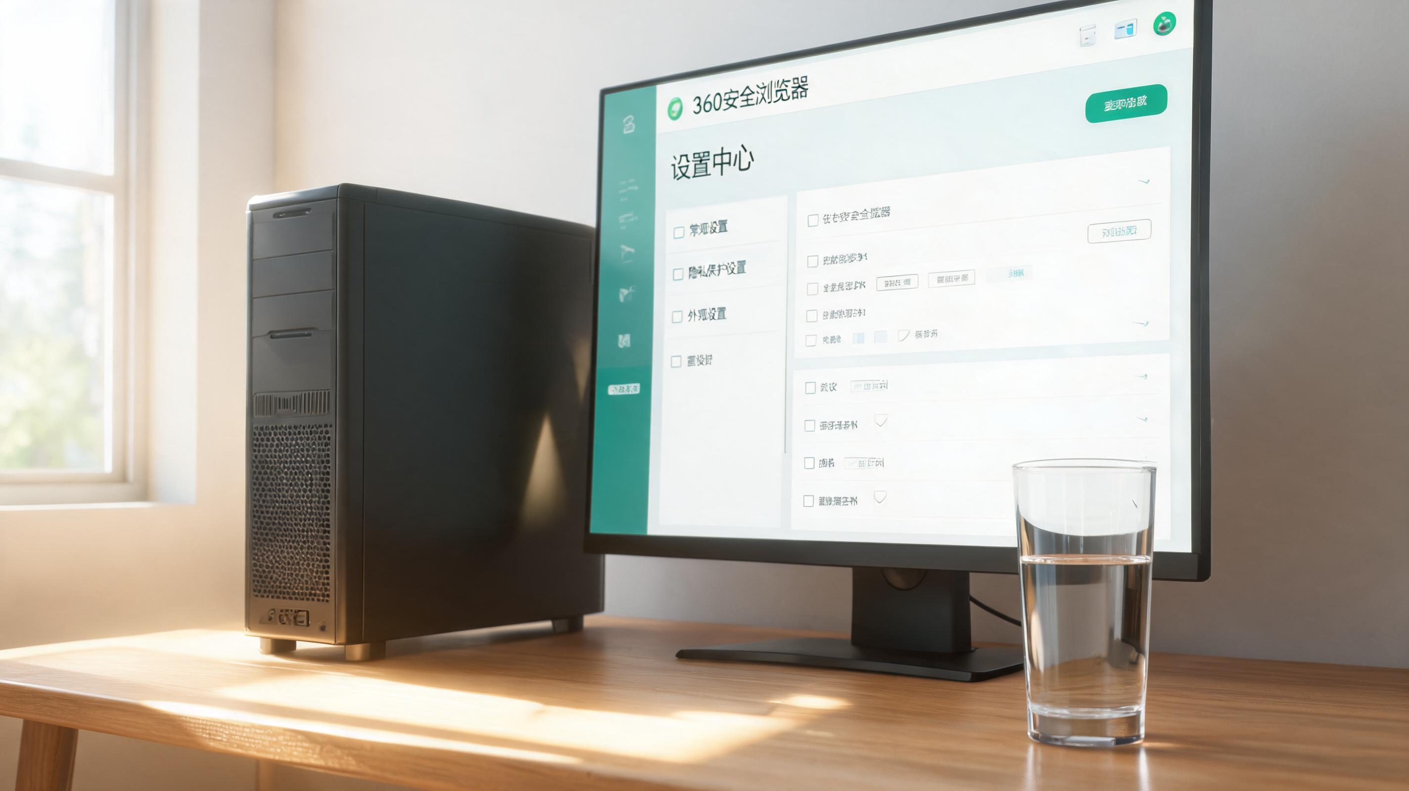 书桌上的主机，屏幕显示360 安全浏览器电脑版设置界面，桌角放着水杯，自然光