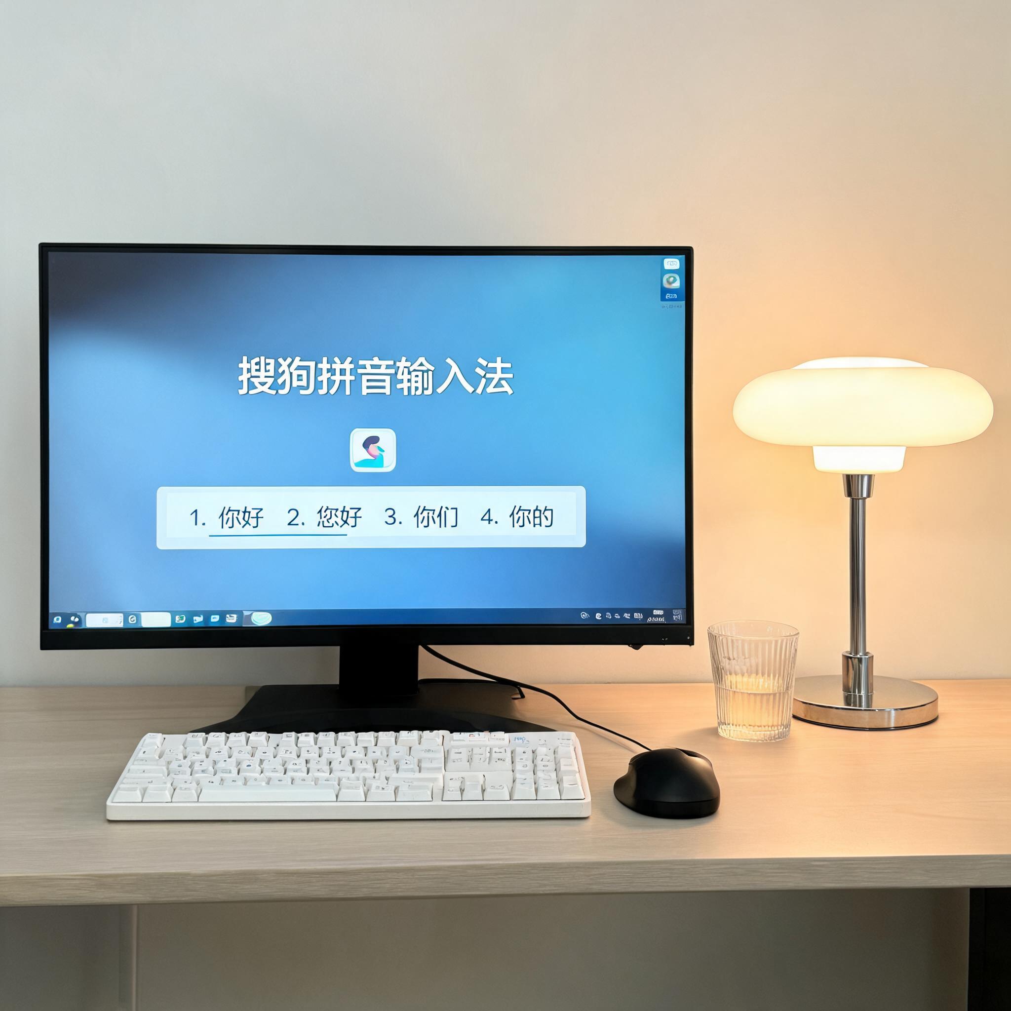 电脑桌上的电脑，屏幕显示搜狗拼音界面，旁边放着台灯