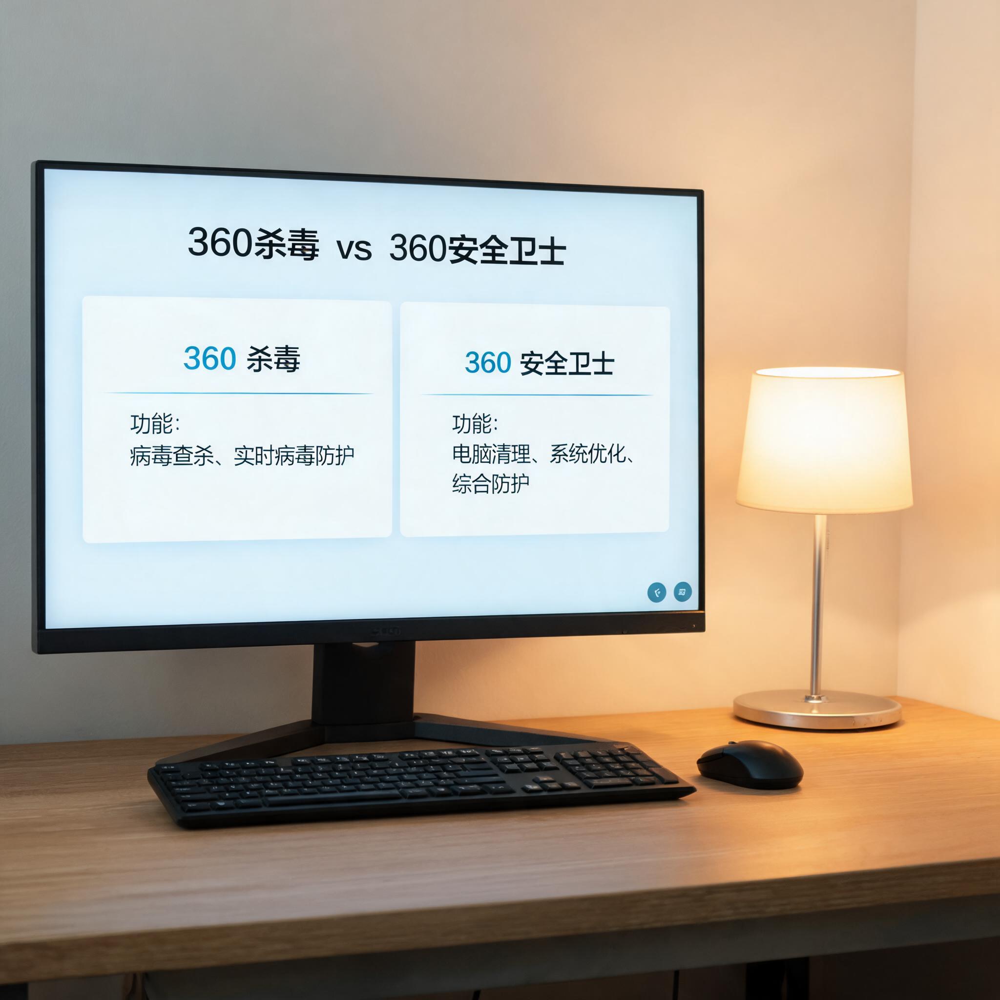 电脑桌上的电脑，屏幕显示360 杀毒和 360 安全卫士区别桌面，旁边放着台灯