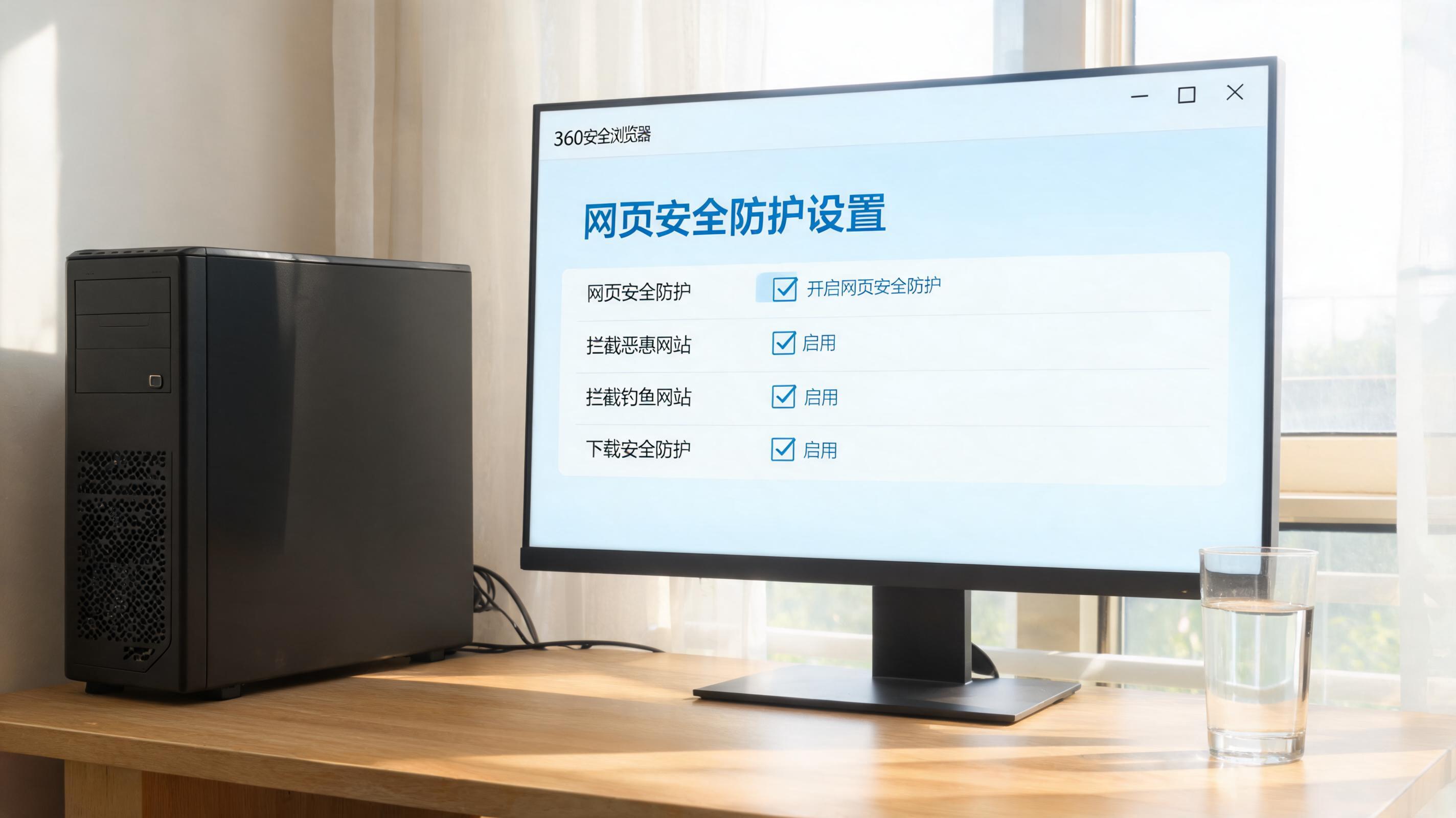 书桌上的主机，屏幕显示360 浏览器网页安全防护设置界面，桌角放着水杯，自然光