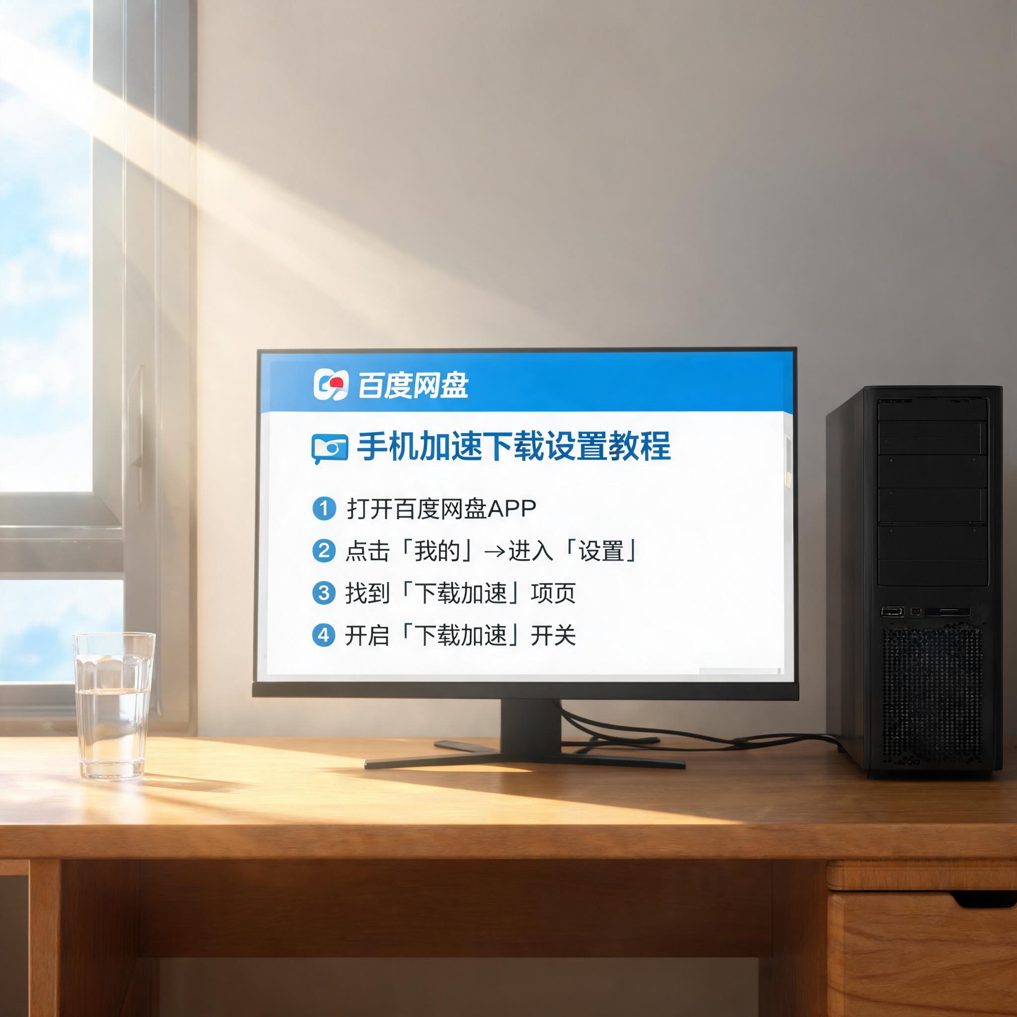 书桌上的主机，屏幕显示百度网盘加速下载手机怎么弄设置界面，桌角放着水杯，自然光