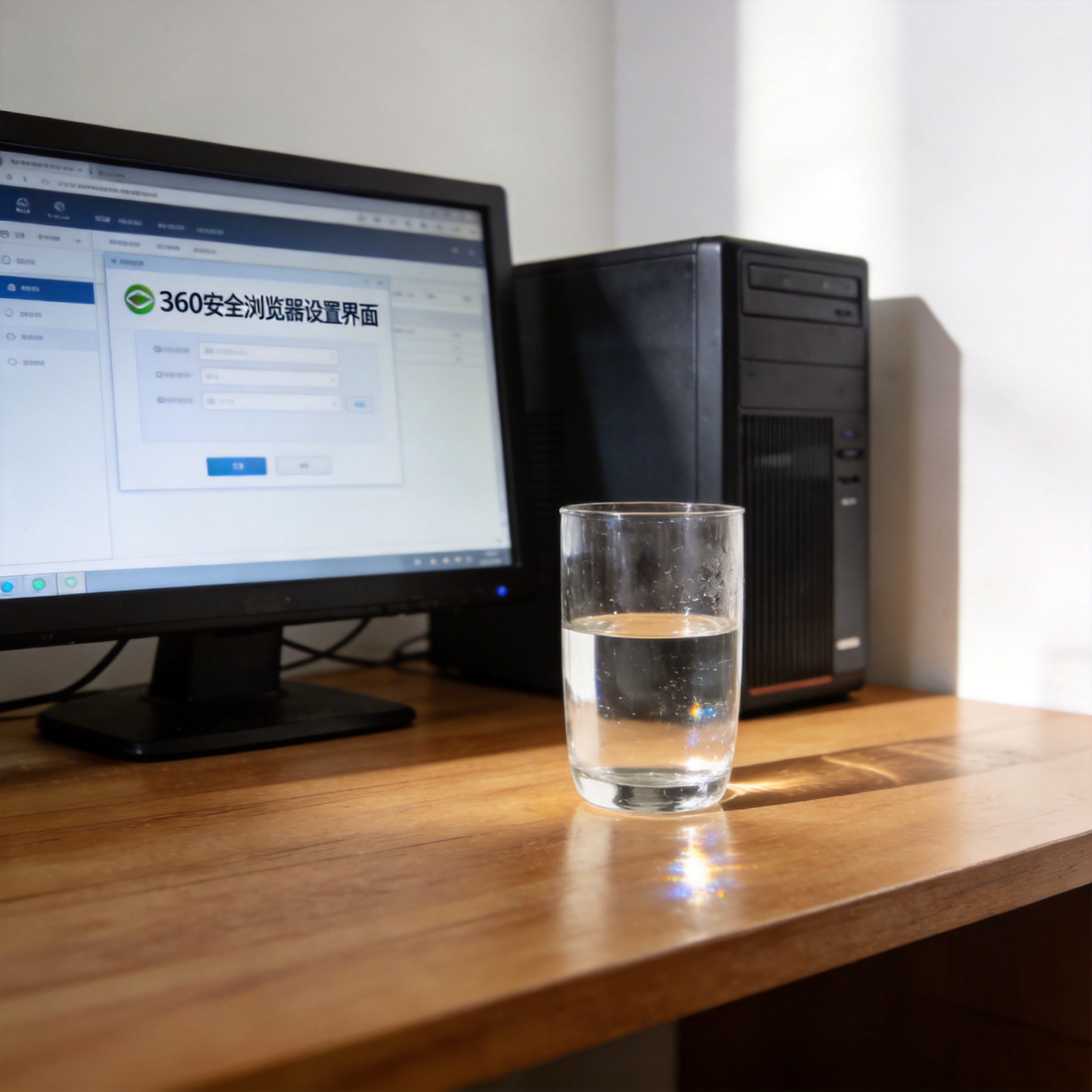 书桌上的主机，屏幕显示360安全浏览器设置界面，桌角放着水杯，自然光