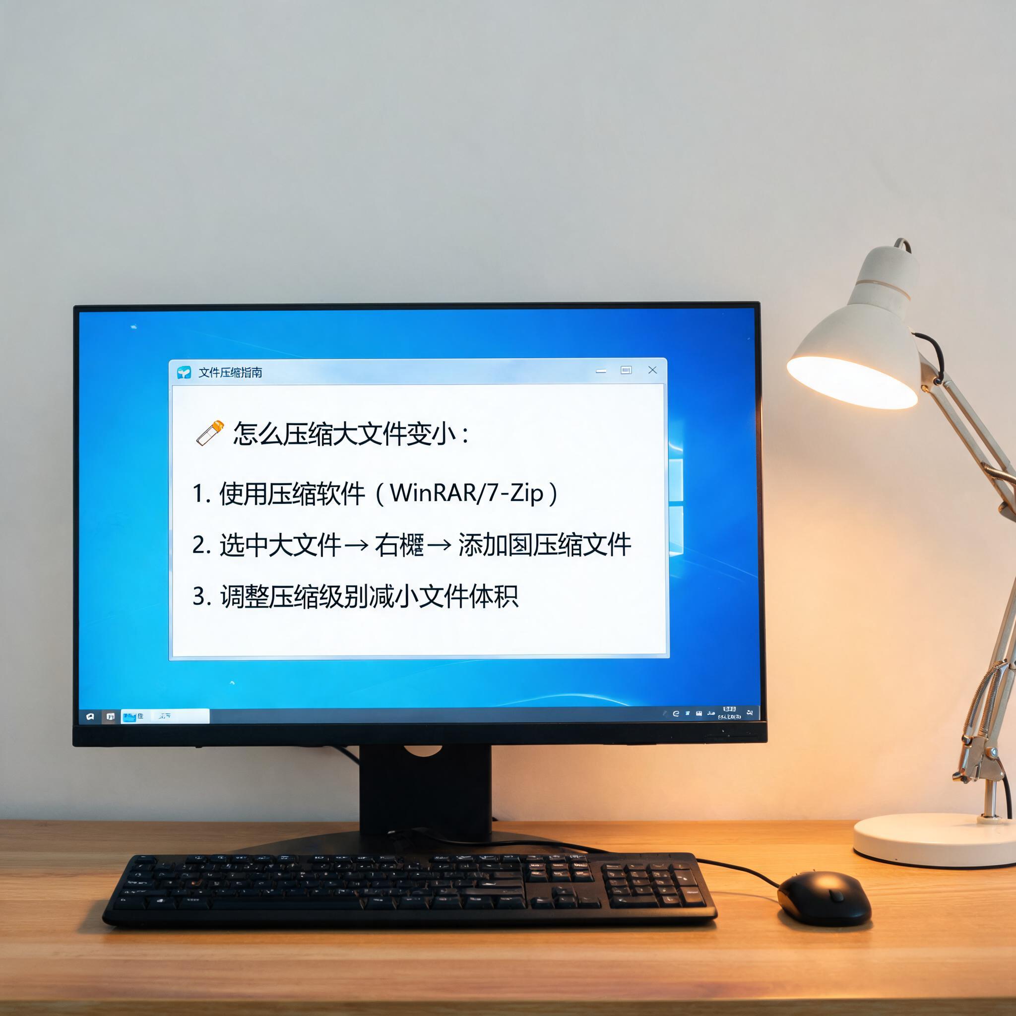 电脑桌上的电脑，屏幕显示文件太大怎么压缩变小窗口，旁边放着台灯