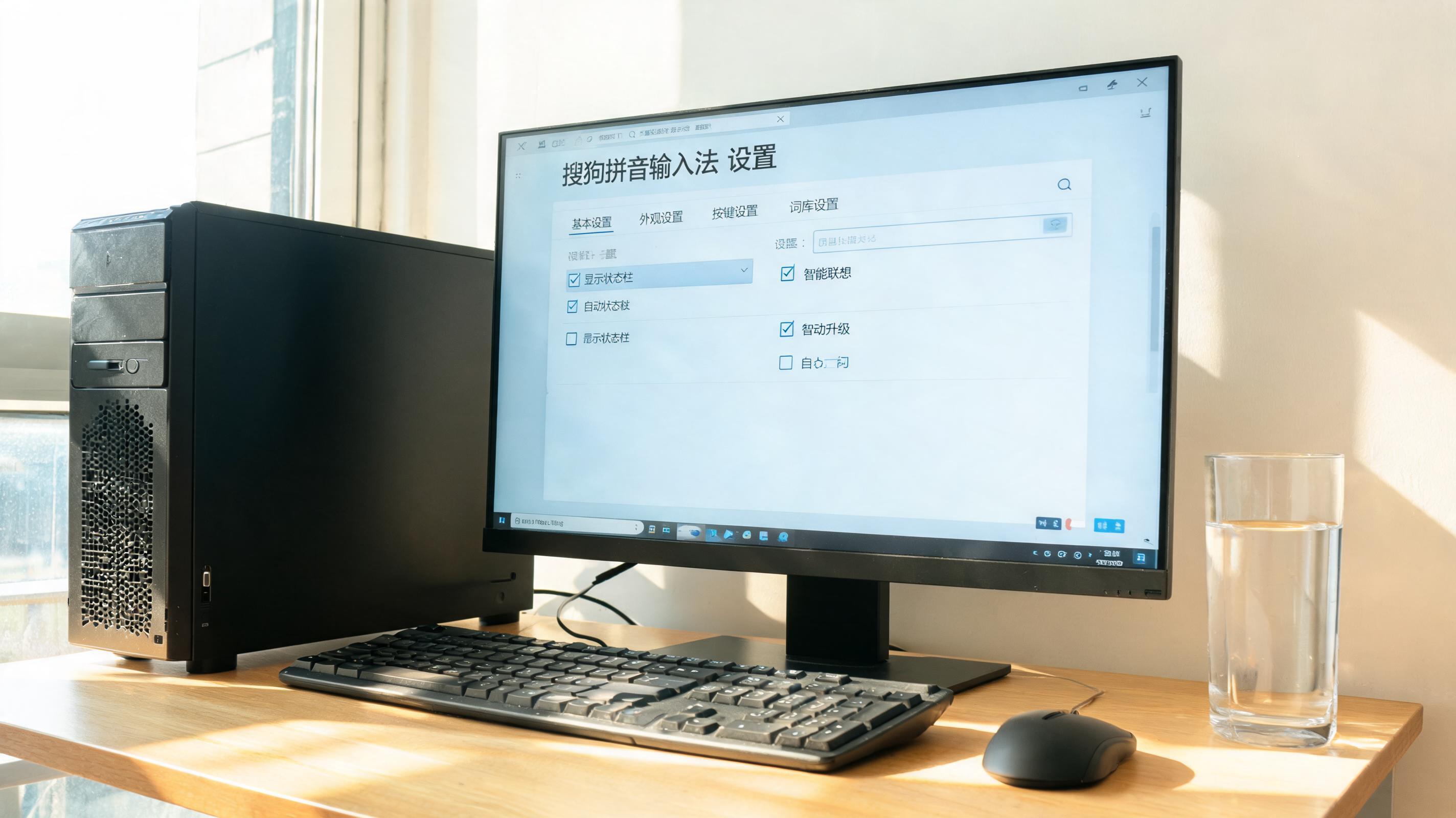 书桌上的主机，屏幕显示搜狗拼音输入法设置界面，桌角放着水杯，自然光
