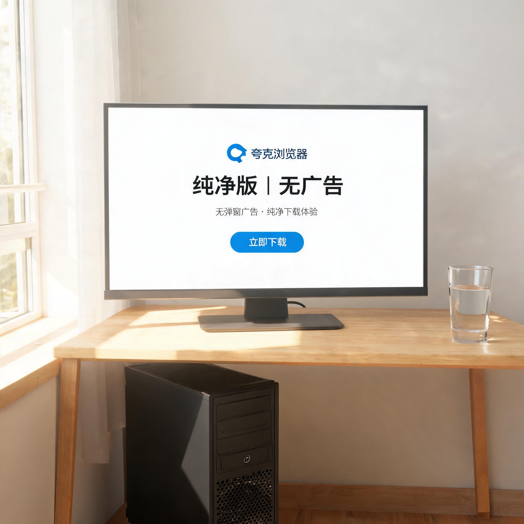 书桌上的主机，屏幕显示夸克浏览器纯净版无广告下载设置界面，桌角放着水杯，自然光