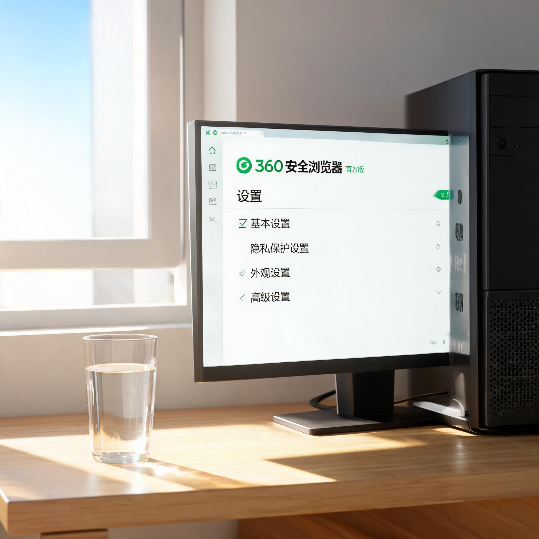 书桌上的主机，屏幕显示360 安全浏览器官方版设置界面，桌角放着水杯，自然光