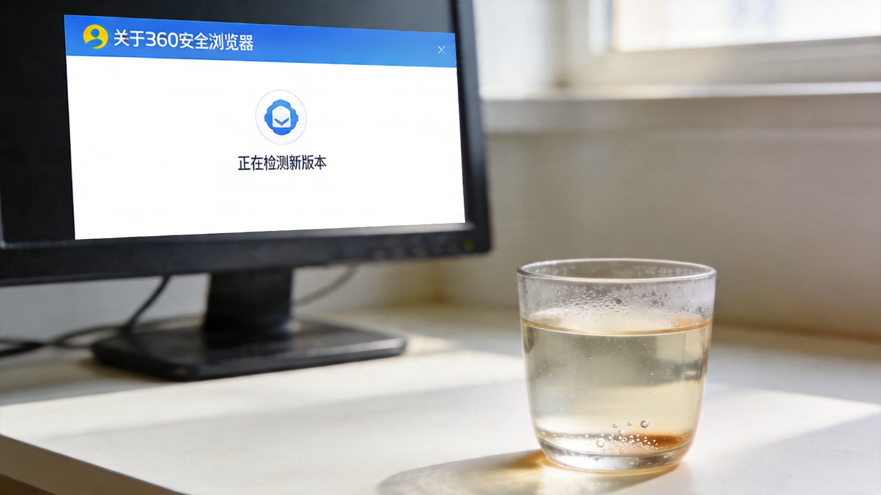 电脑桌面，屏幕显示360安全浏览器的“关于360安全浏览器”页面，正在检测新版本，桌面角落放着半杯温水，室内自然光