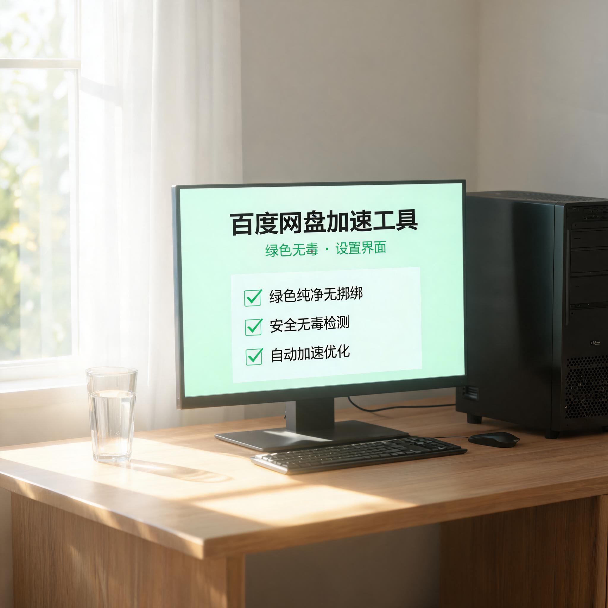 书桌上的主机，屏幕显示百度网盘加速工具绿色无毒设置界面，桌角放着水杯，自然光