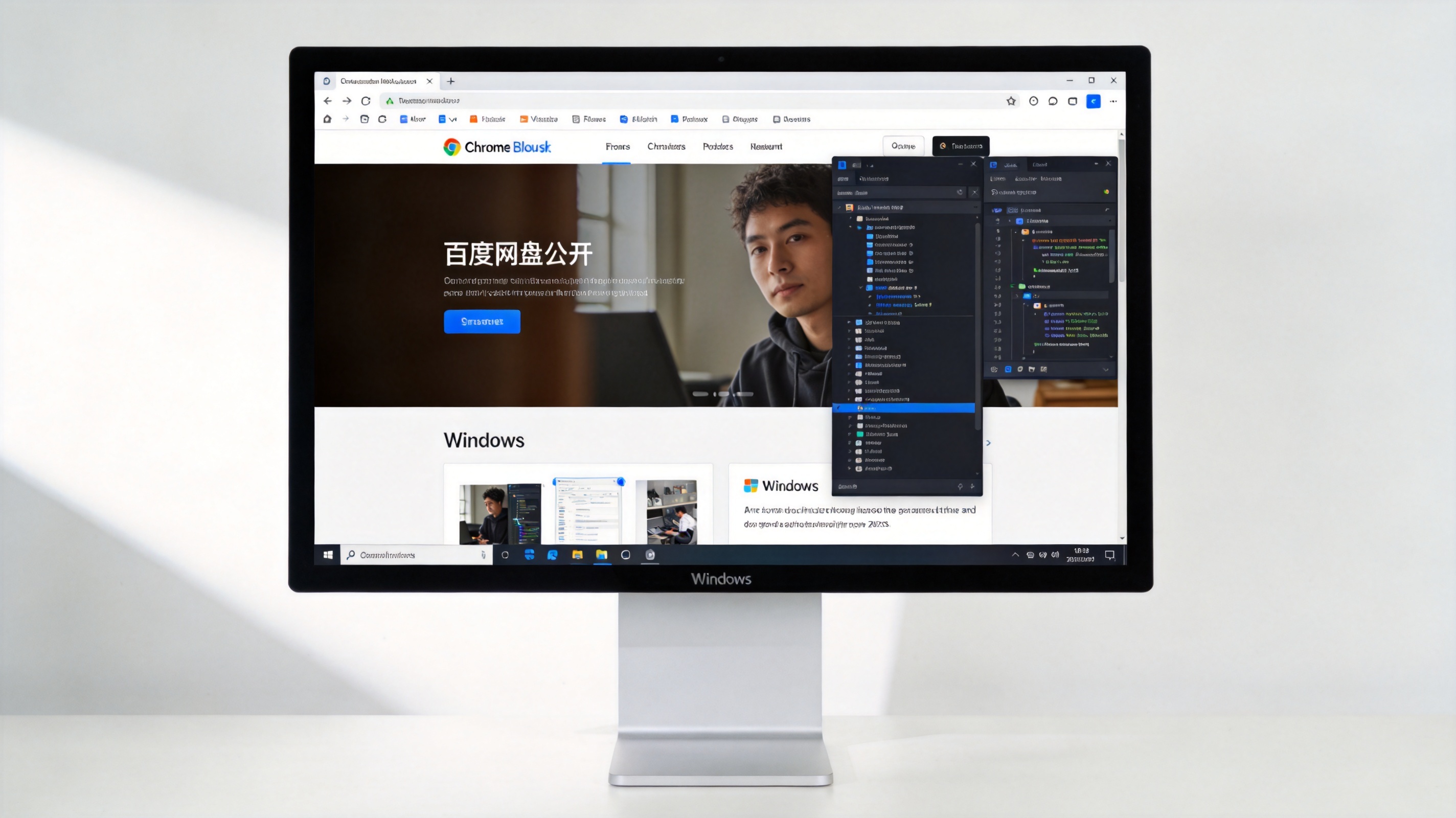Windows系统的电脑放在桌面上，Chrome浏览器显示百度网盘公开分享页面，开发者工具窗口在侧边打开，室内自然光
