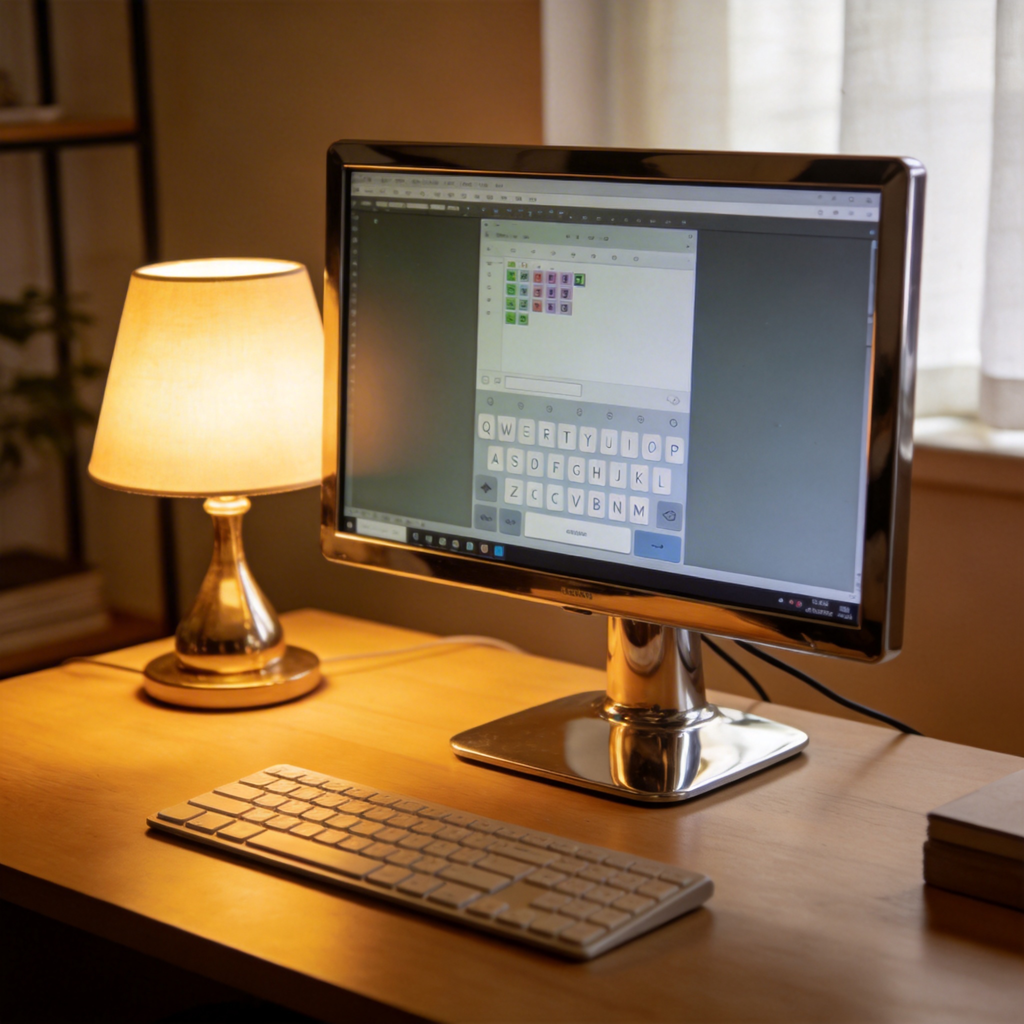 电脑桌上的电脑，屏幕显示输入法界面，旁边放着台灯