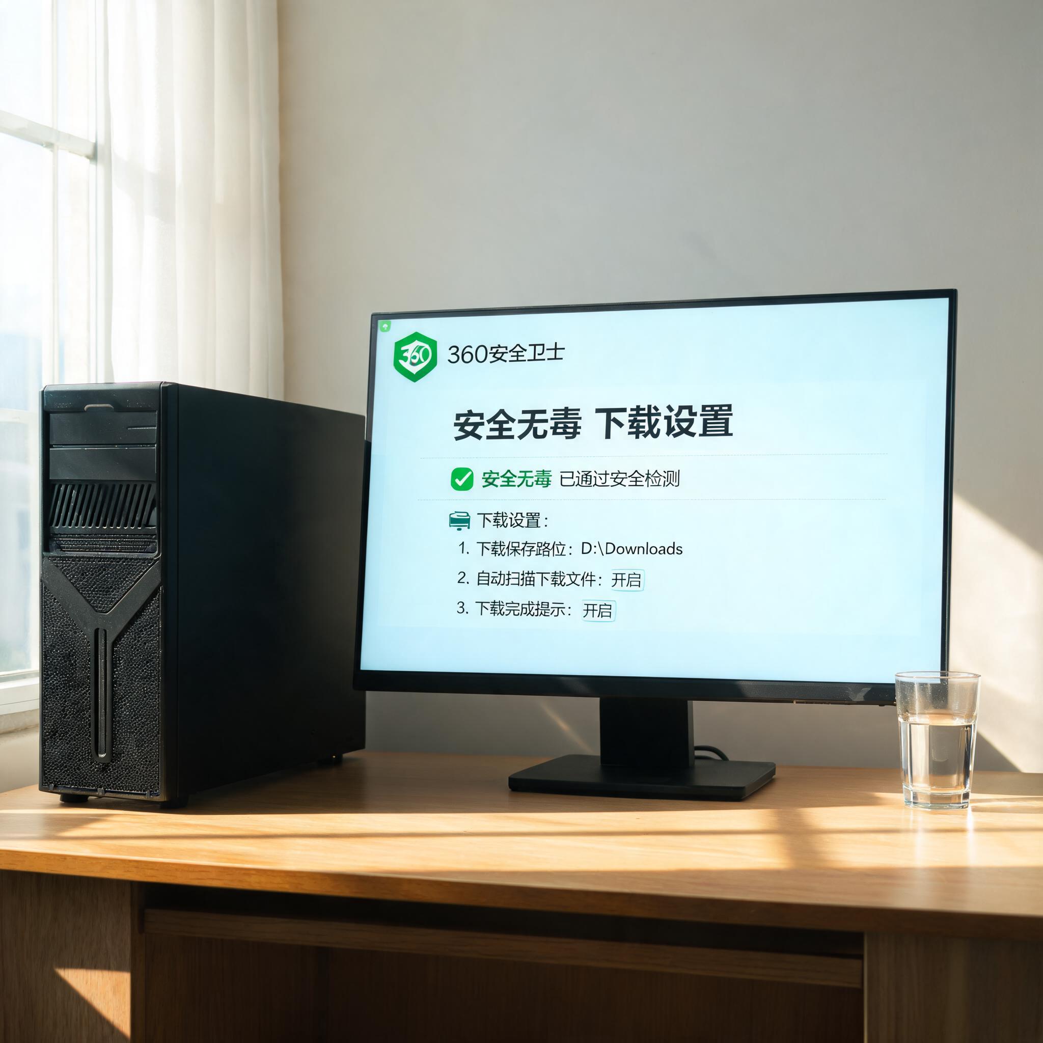 书桌上的主机，屏幕显示360 安全卫士安全无毒下载设置界面，桌角放着水杯，自然光
