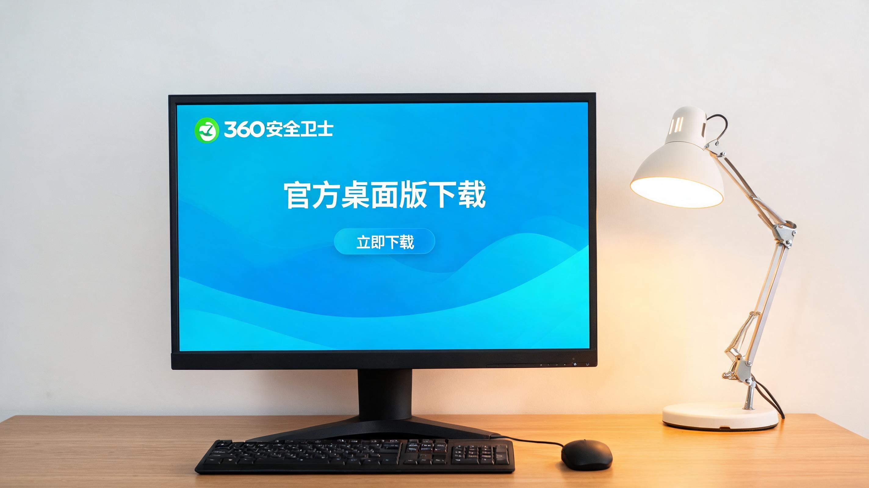 电脑桌上的电脑，屏幕显示360 官方安全卫士下载桌面，旁边放着台灯