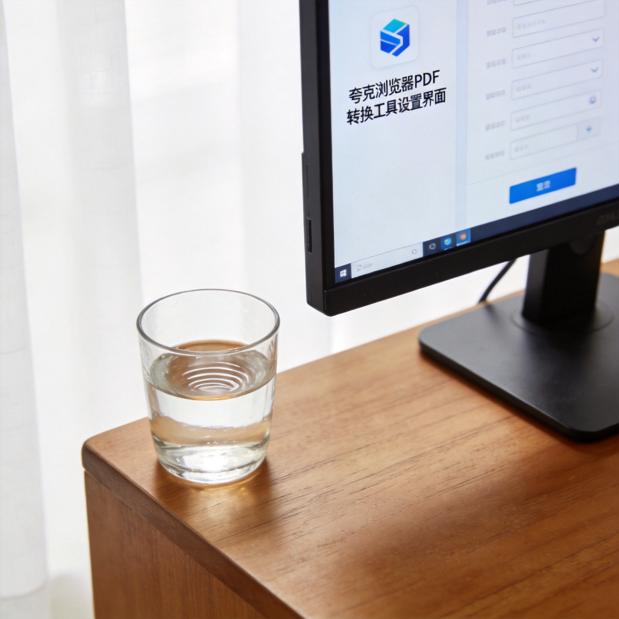 书桌上的主机，屏幕显示夸克浏览器 PDF 转换工具设置界面，桌角放着水杯，自然光