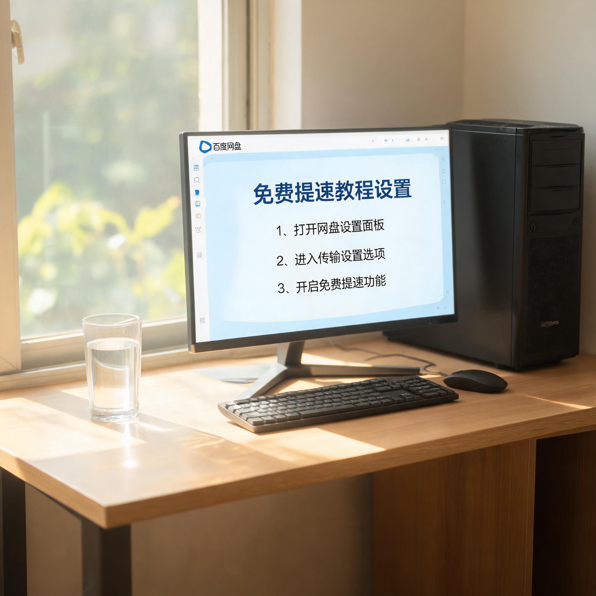 书桌上的主机，屏幕显示百度网盘免费提速教程设置界面，桌角放着水杯，自然光